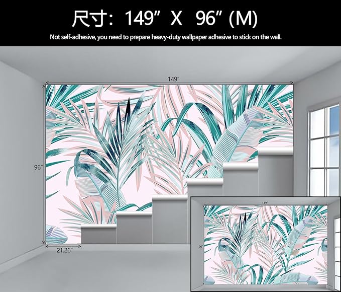 Tropical Pink Palm Leaf Wallpaper Girls Bedroom Colorful Plant Leaves Wall Mural Living Room (Not Peel and Stick)