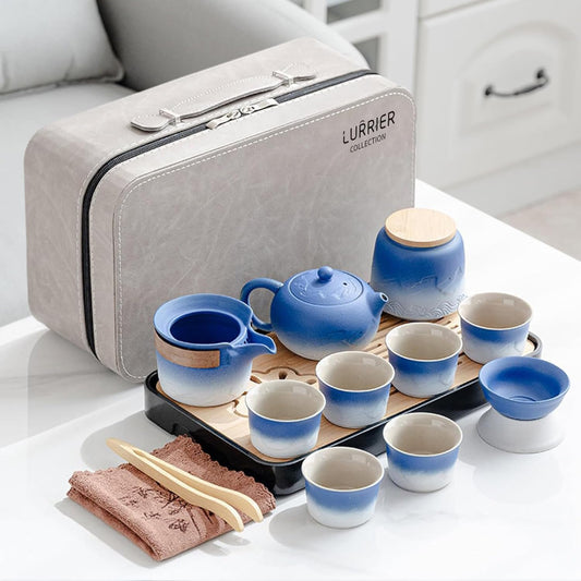 LURRIER Gongfu tea sets, Portable Ceramic TeaSet, Asian Tea sets for adult, Tea Gift sets, Grey leather case, Portable Travel Bag,Home,Gifting,Outdoor and Office(XBlue and White)
