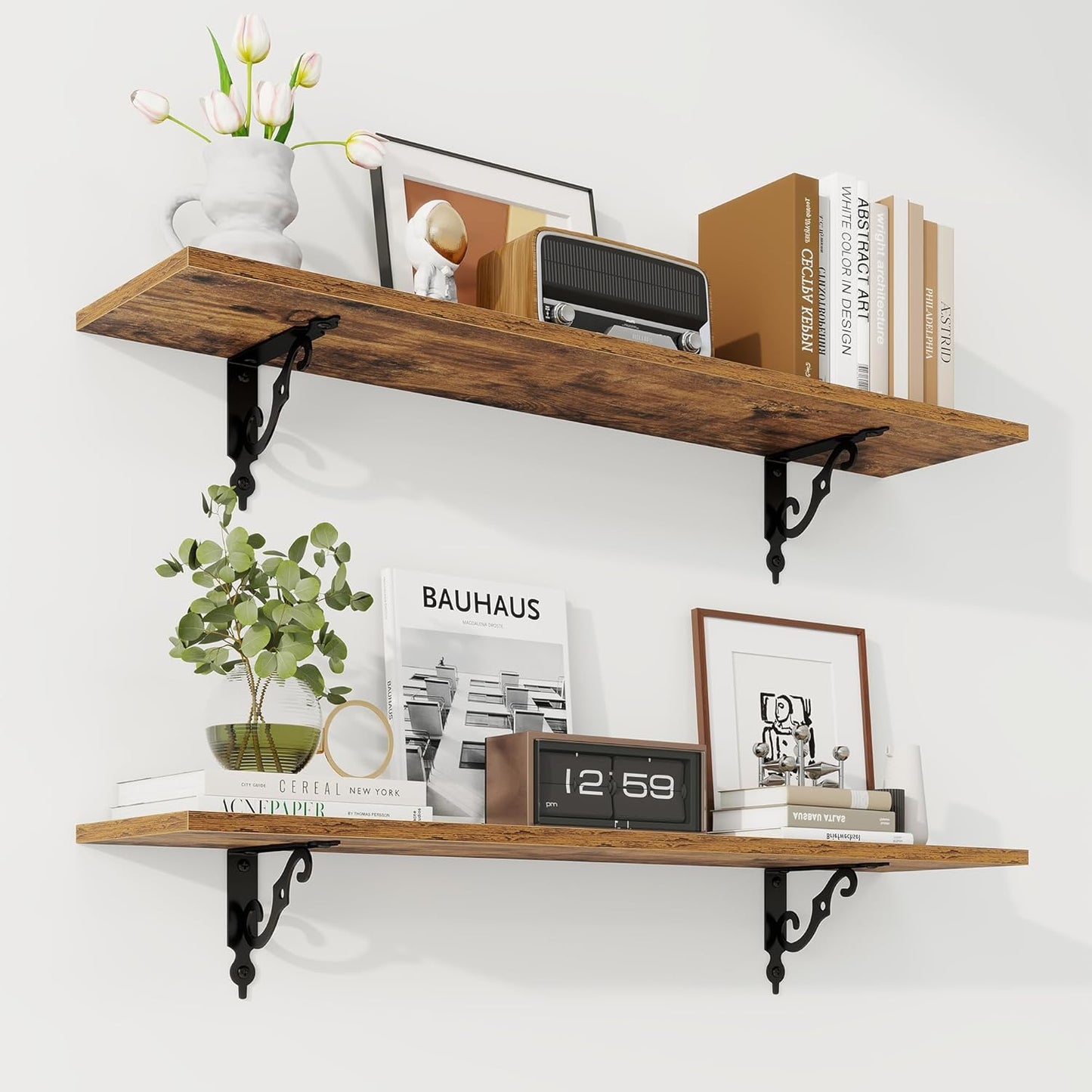 RICHFOCUS Floating Shelves for Wall Decor, 35.4W x 8D Wall Shelves Set of 2, 8 Inch Deep Rustic Wood Shelves Wall Mounted with Brackets, Long Shelves for Living Room Bedroom Kitchen, Rustic Brown