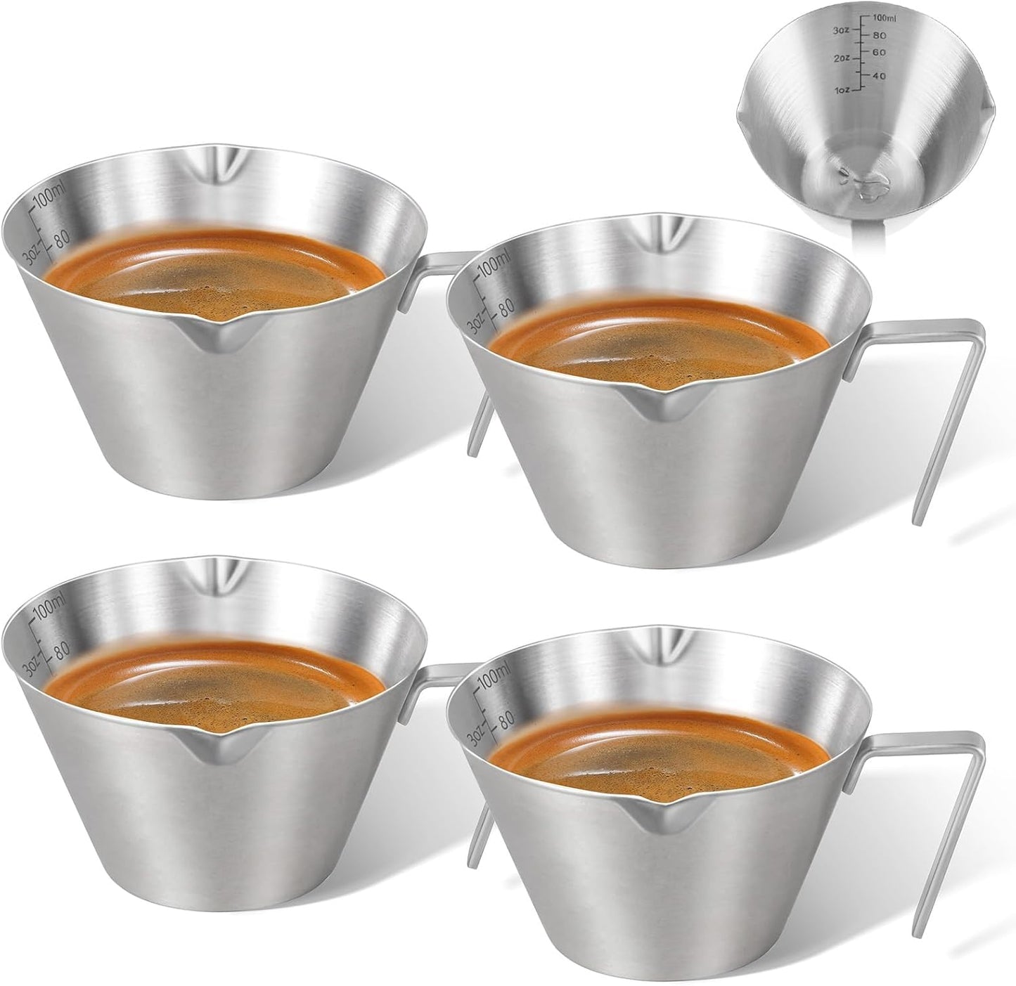 4Pcs Stainless Steel Espresso Cups, Double Spout Metal Espresso Measuring Cup with Handle, Dual Scale Espresso Shot Cup with V-Shaped Mouth, 3.4oz/100ml (Silver)