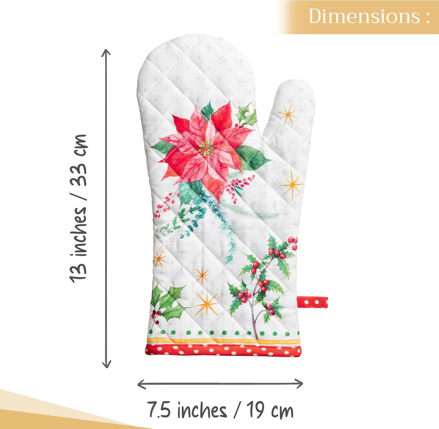 Maison d' Hermine Oven Gloves 100% Cotton Oven Mitt 7" x 13" with Loop Heat Resistant, BBQ, Cooking Gloves, Baking, Grilling, Kitchen, Handling Hot Pans (Pack of 1, Poinsettia Christmas)