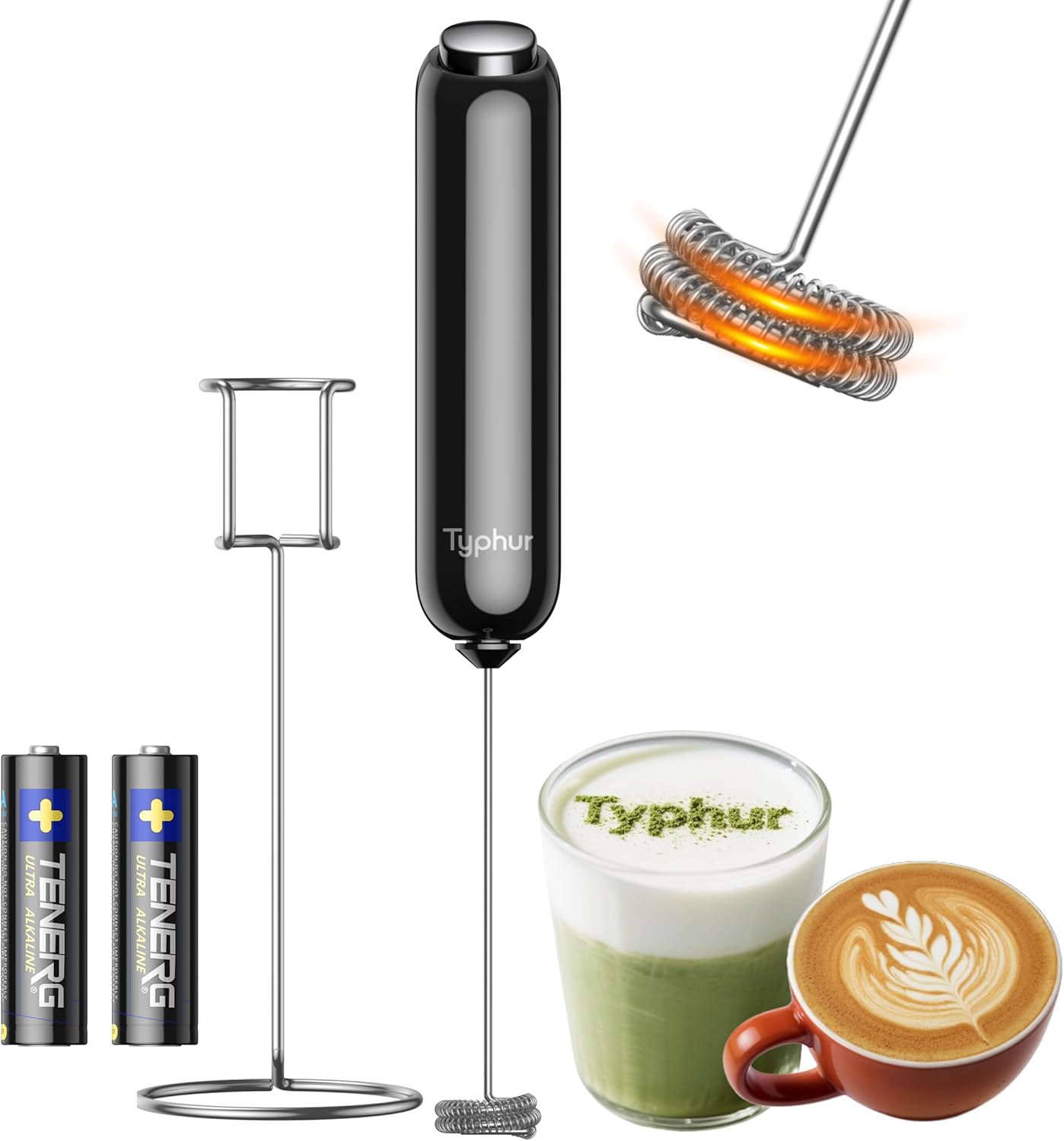 InstaWhisk Milk Frother with Variable Speed, Battery Operated Handheld Coffee Foam Frother Wand, Electric Drink Mixer with Stand & Detachable Double Whisk, Stainless Stirrer for Latte, Matcha, Protein