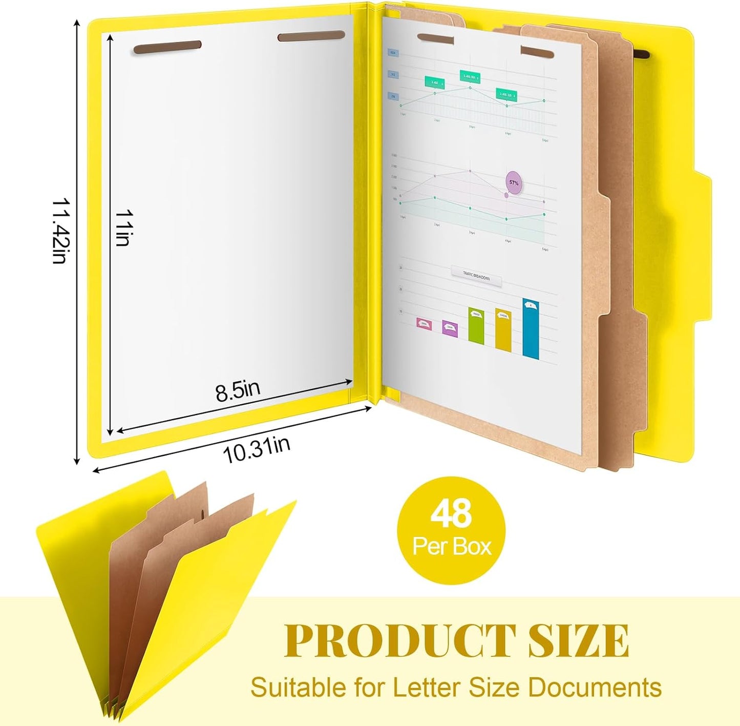 48 Pcs Classification Folders Letter Size, 2 Divider Pressboard File Folders with 3. 5 Inch Expansion, 2 Prongs Fastener, Heavy Duty Office File Organizers for Teachers, Medical (Yellow)