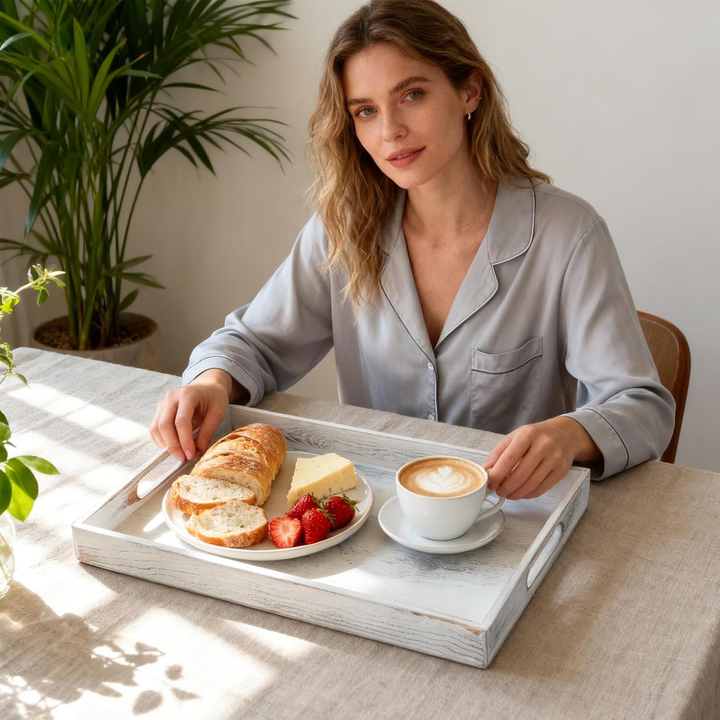 S310 Rustic White Wood Serving Tray with Handles, 17 Inch Wooden Tray for Ottoman, Breakfast, Lunch, Dinner, Decorative Rectangular Tray for Living Room, Kitchen Counter, Outdoor