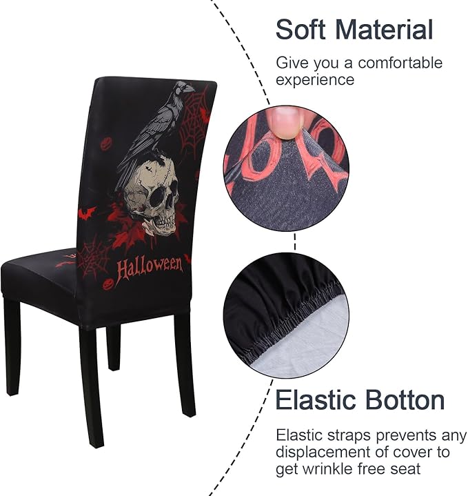 JQinHome Black Halloween Chair Slipcover,Skull Chair Covers Set of 4, High Stretch Washable Chair Protector Cover for Dining Room, Kitchen,Home Party,Wedding Ceremony(Skull Black,4PC)