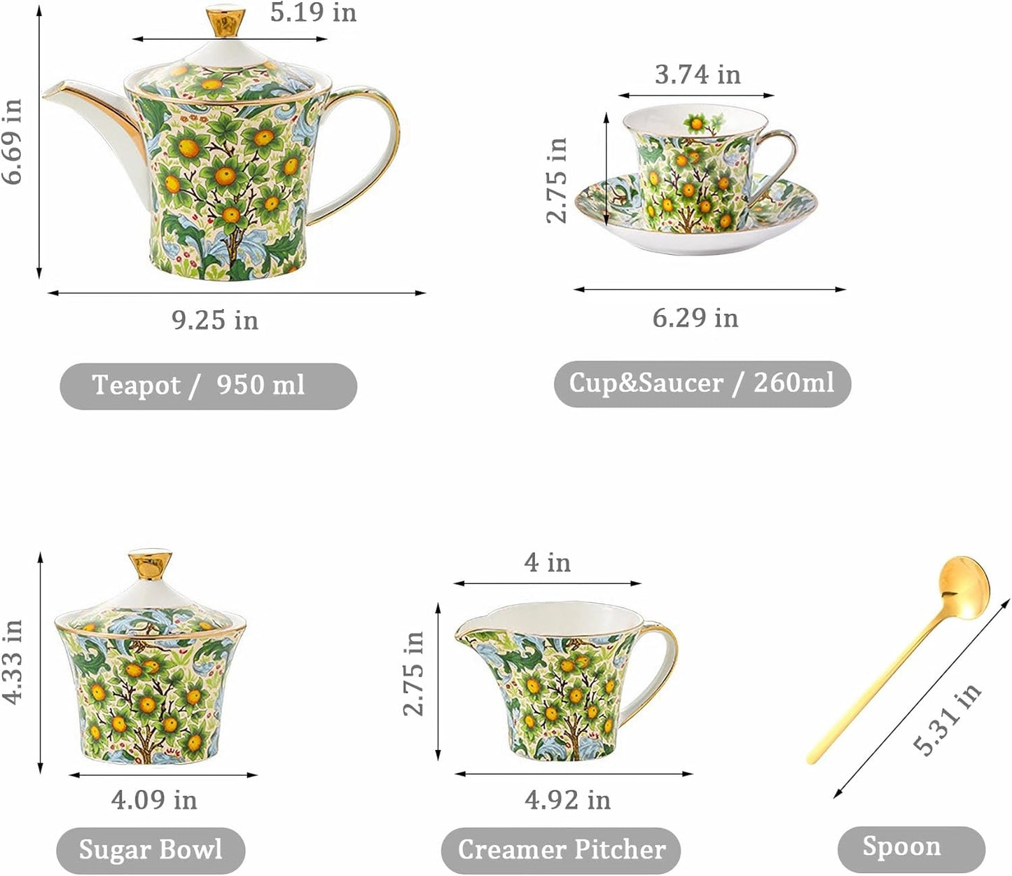 ACMLIFE Tea Set for Adults- Fine China Tea Set for 6, 21-Piece Vintage Coffee Set English Porcelain Tea Pot Sets for Adult Tea Party for Women Gift (Fruits Green, Extra Large 21)