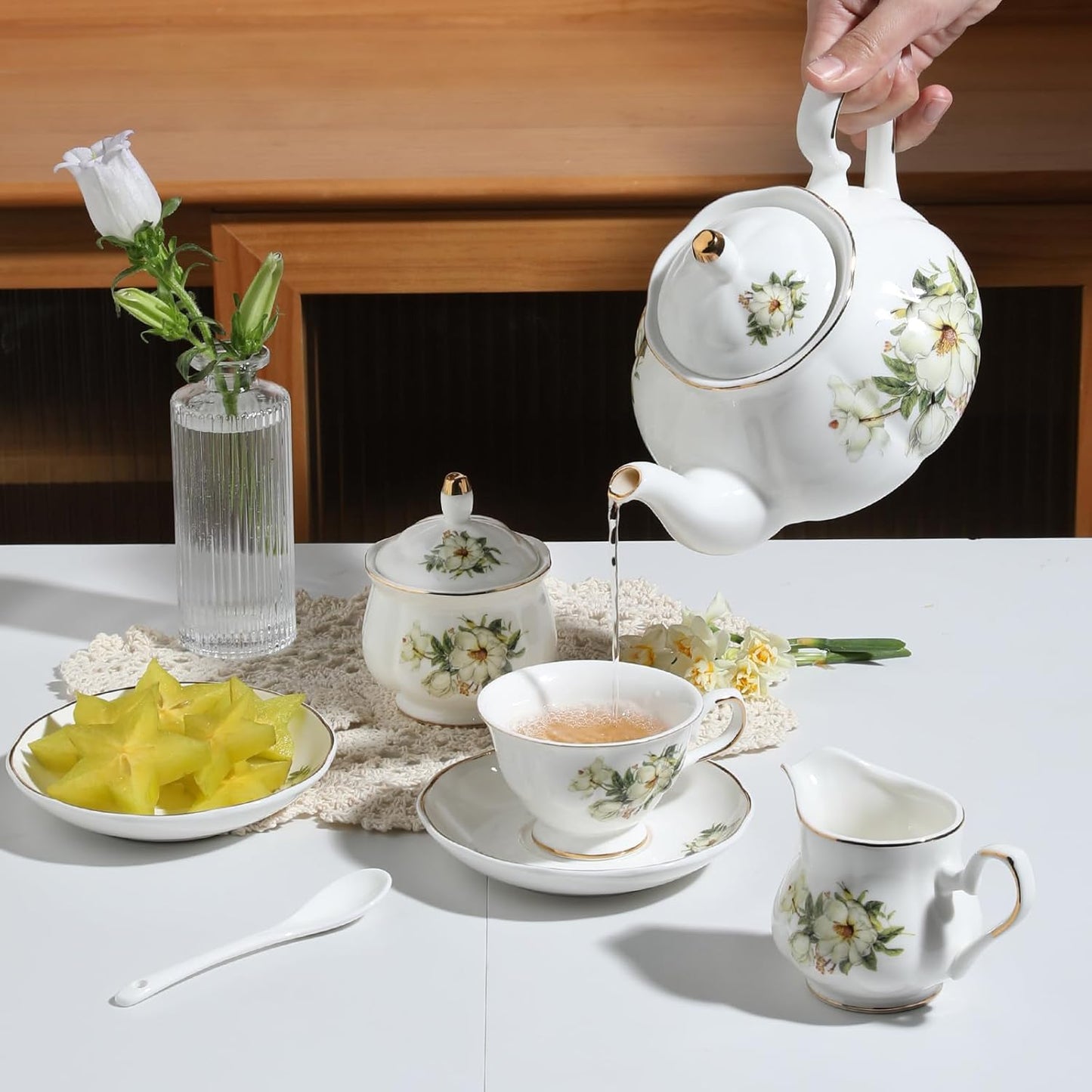 Sweejar Ceramic Teapot with Infuser, Floral Relief Gold Rimmed Teapot, 29 OZ Porcelain Tea Pot for Blooming and Loose Tea, Coffee...(Camellia)