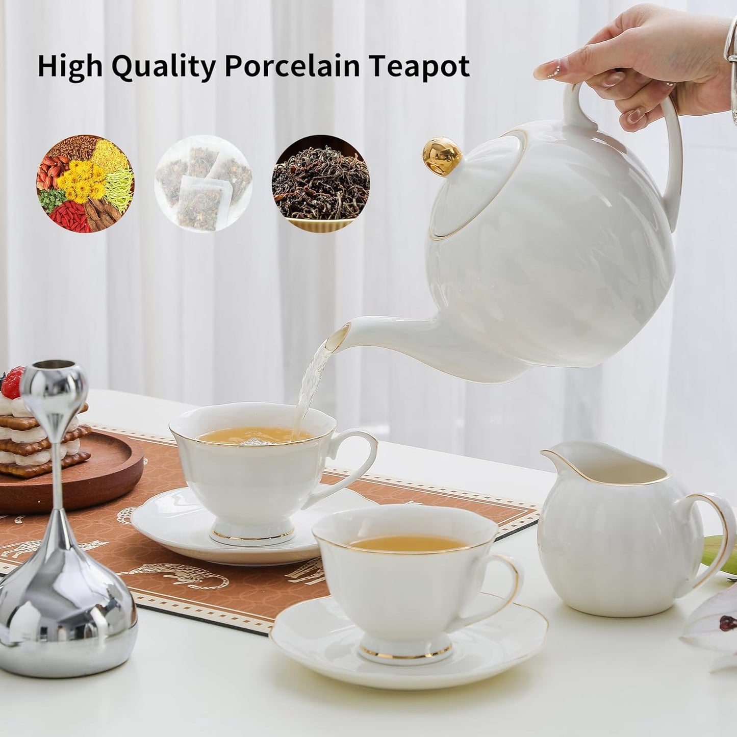 36oz White Porcelain Teapot with Gold Trim, Large Ceramic Teapot for Loose Leaf Tea & Tea Bags, Elegant Tea Party, Gift for Tea Lovers, Classic Design