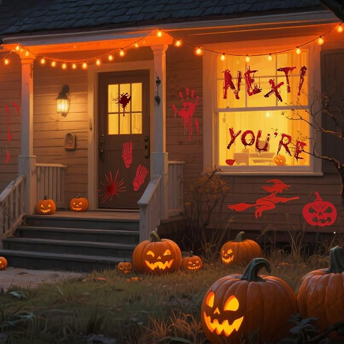 8 Sheets Halloween Window Clings, Bloody Handprint Footprint Window Stickers Scary Halloween Decorations Self Adhesive Wall Decal for Party Bathroom Car Door Zombi Restroom Sign Decals-85 Pcs