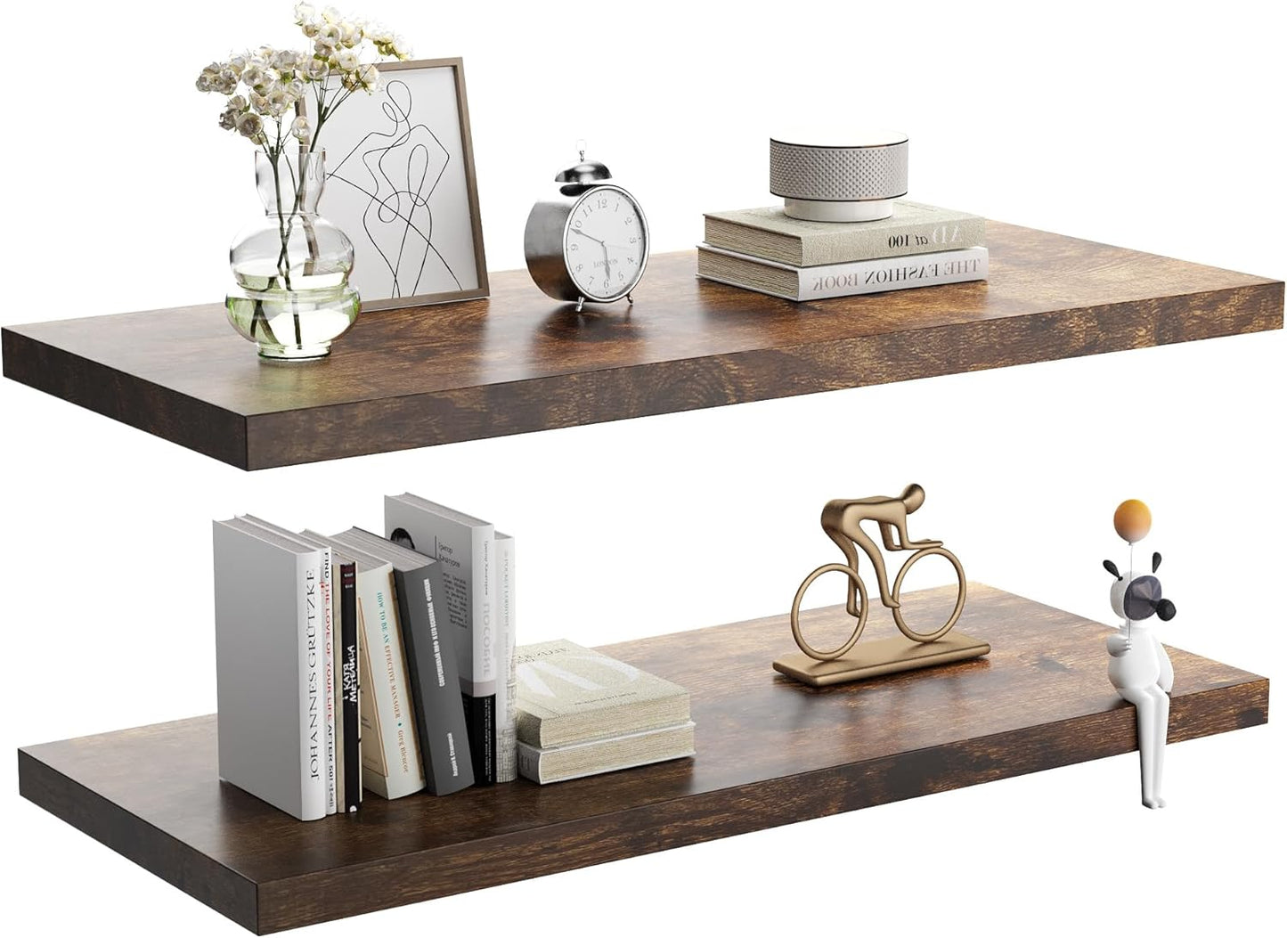 Wall Shelf Set of 2, Rustic Brown Floating Shelves 30 in W x 10 in D x 1 in H, Wooden Floating Wall Shelf with Invisible Brackets for Living Room/Bedroom/Bathroom/Kitchen Storage and Decor