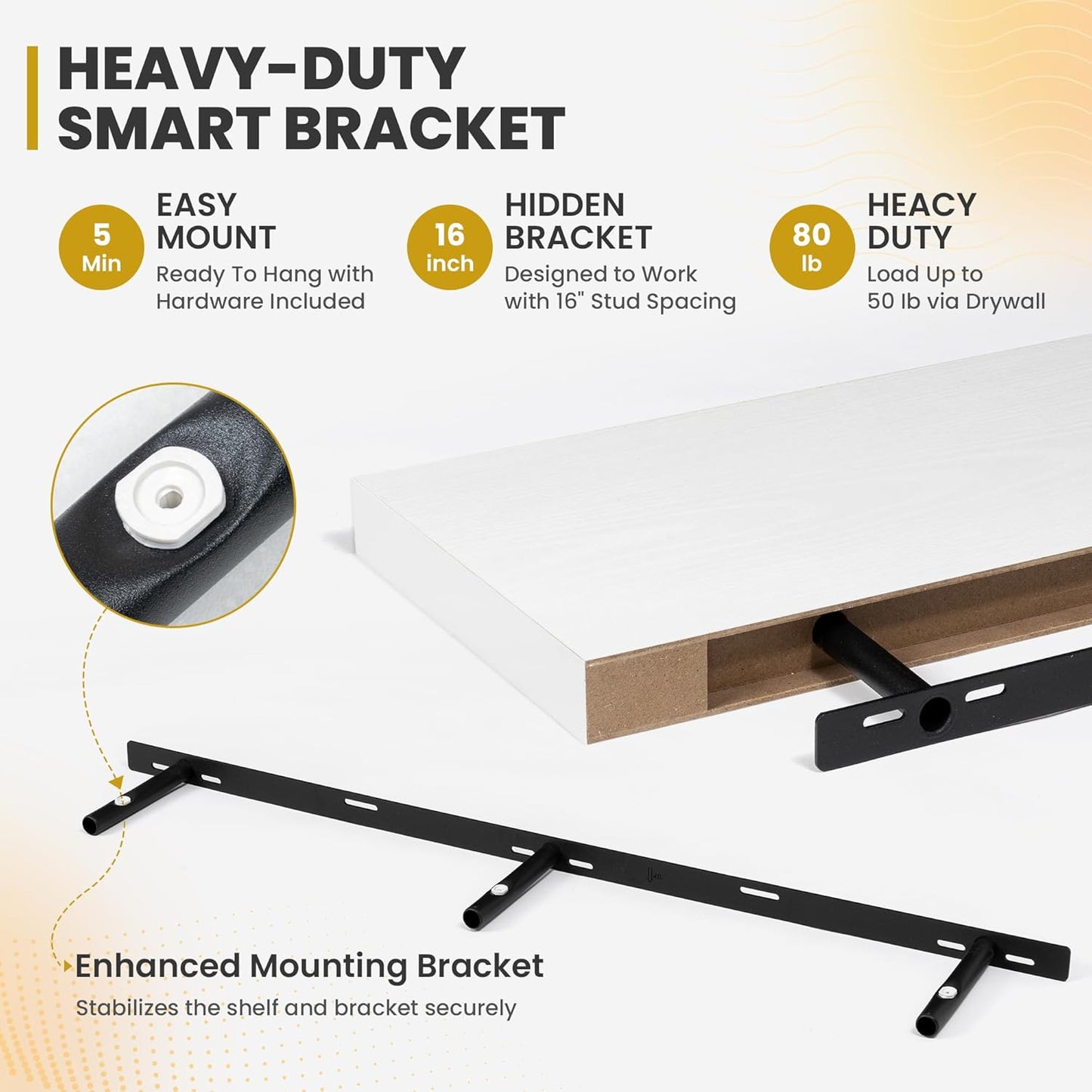 48 Inch Floating Shelves, 9.3" Deep Floating Shelf Wall Mounted, 48" Wall Shelves, Rustic Deep Bookshelf, Large Display Shelves & Storage Shelves for Bedroom, Living Room, White, Set of 1