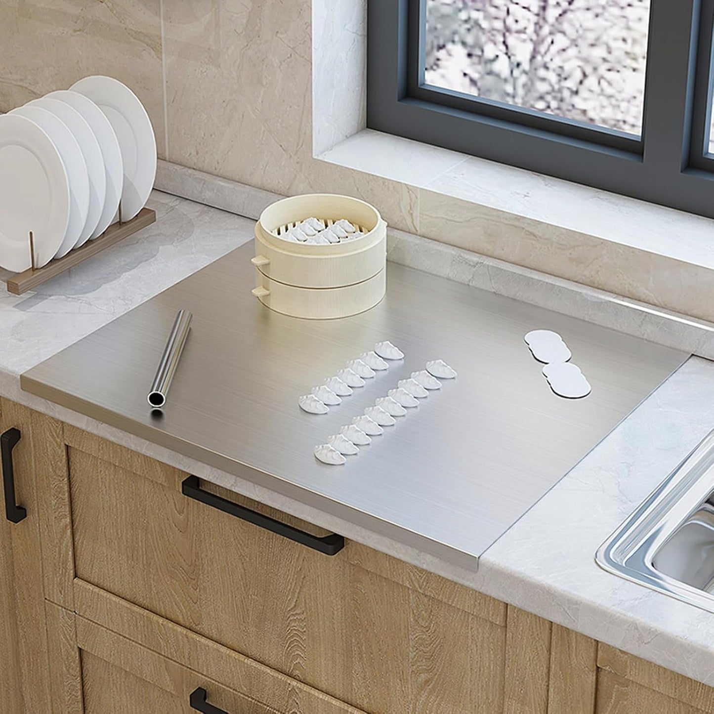 Stainless Steel Cutting Board with Lip 31.5" L X 22.8" W Large Cutting Board Metal Baking Board Non Stick Thick Board with Rolling Pin for Meat Fruits Vegetables Bread and Baking