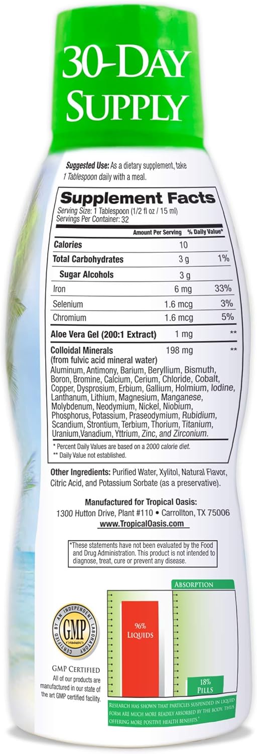 Tropical Oasis - Premium Ionized Plant Based Trace Minerals Liquid Formula- 74 essential minerals in liquid form for up to 96% Absorption - 16 oz, 32 servings