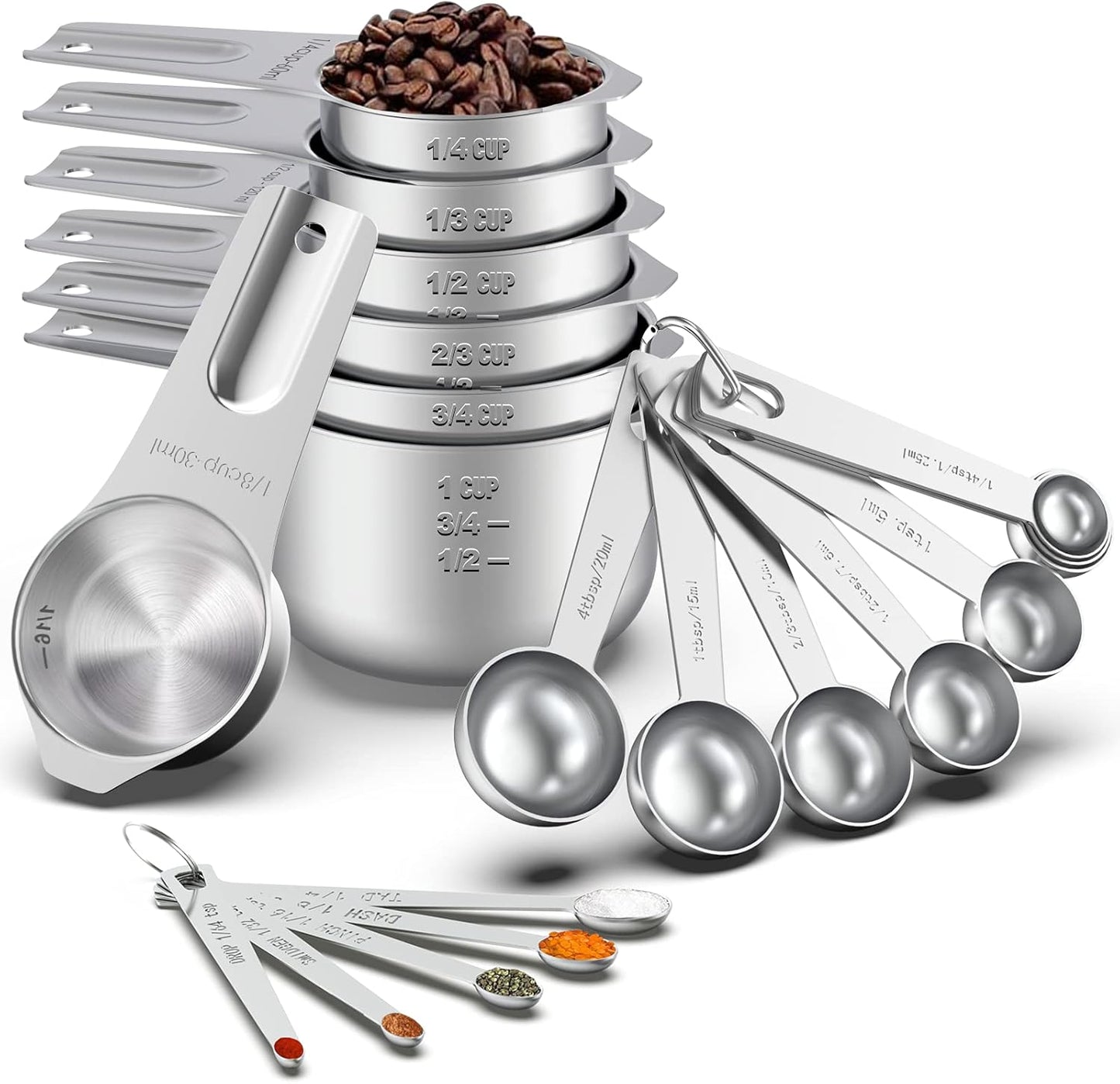 21 Pcs Stainless Steel Measuring Cups and Spoons Set, Wildone Stackable Metal Measuring Cups and Spoons for Cooking & Baking, Includes 7 Cups, 9 Spoons and 5 Mini Spoons