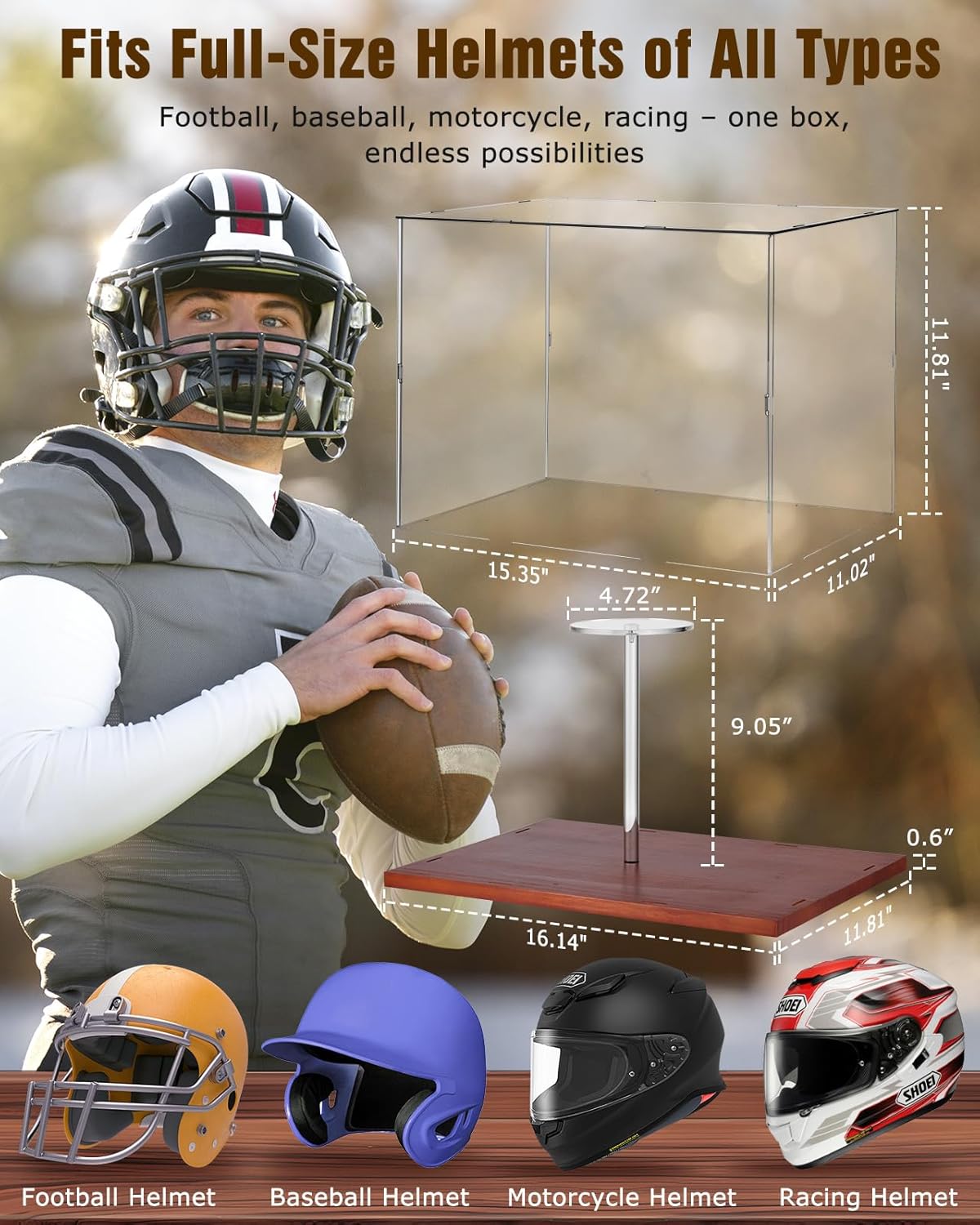 Full Size Football Helmet Display Case - 15.4×11×11.8in Interior, 100% Wooden Base, Compatible with Baseball/Motorcycle/Racing Helmets, High-Transparency Acrylic with UV Protection