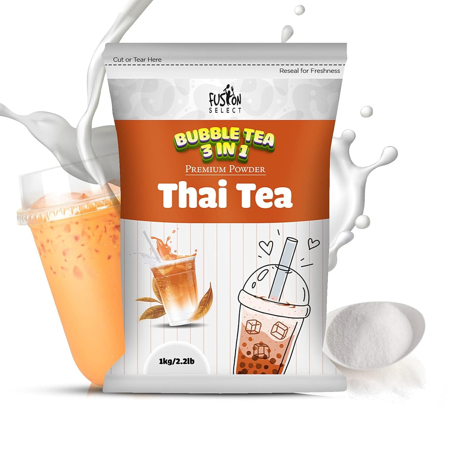 Fusion Select 2.2lb Boba Tea Powder Thai Tea Mix Flavored 3-in-1 Drink Powder with Cream & Sugar - Instant Pre-Mixed Beverage for Hot or Cold Blends or Yummy Frappes Bubble Tea