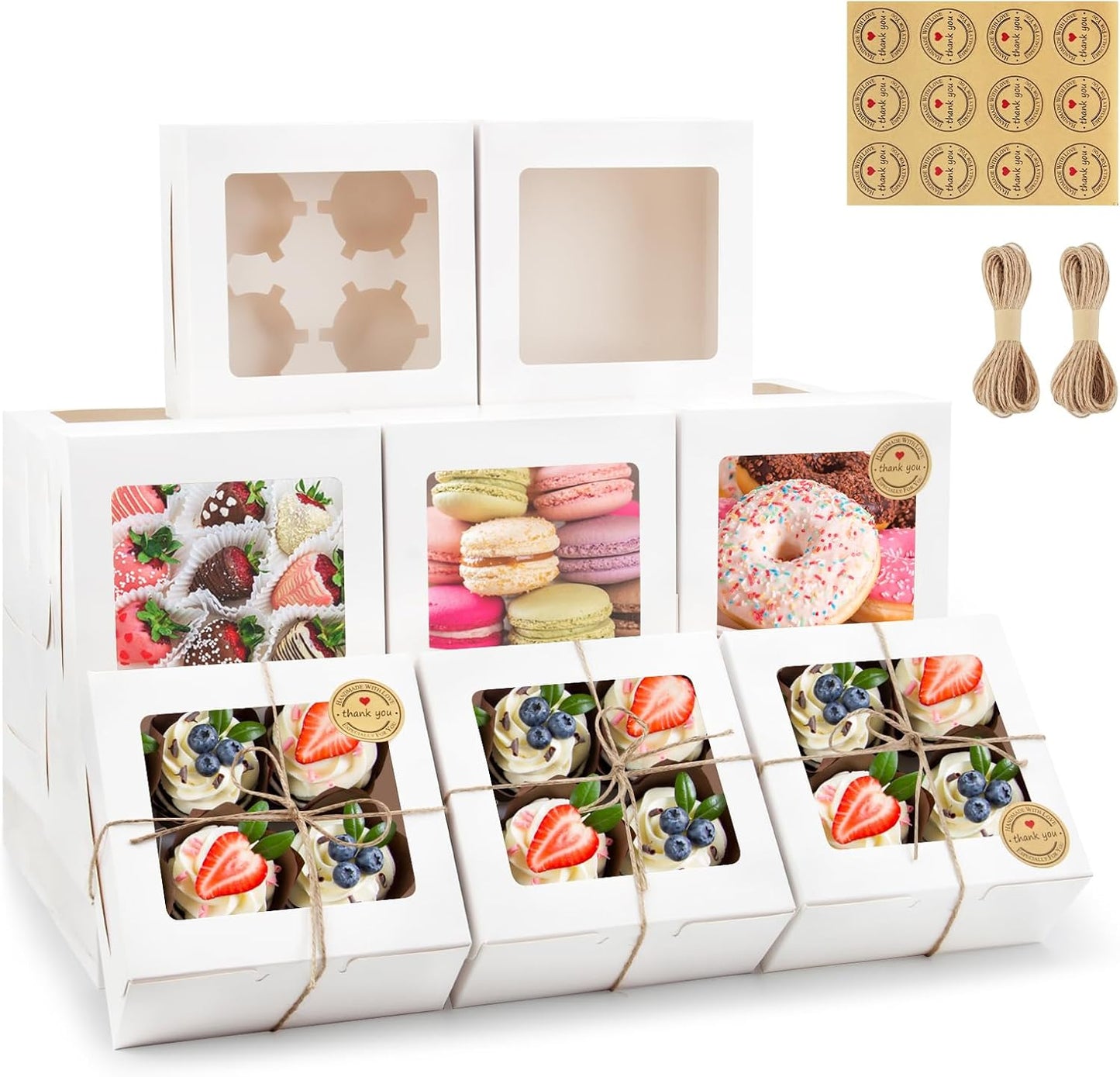 OAMCEG 50 PCS White Cupcake Boxes with Window and Insert, 6x6x3 Inch Kraft Treat Boxes with 4 Cavity for Cookies, Pastries, Desserts, with Stickers & Jute Twine