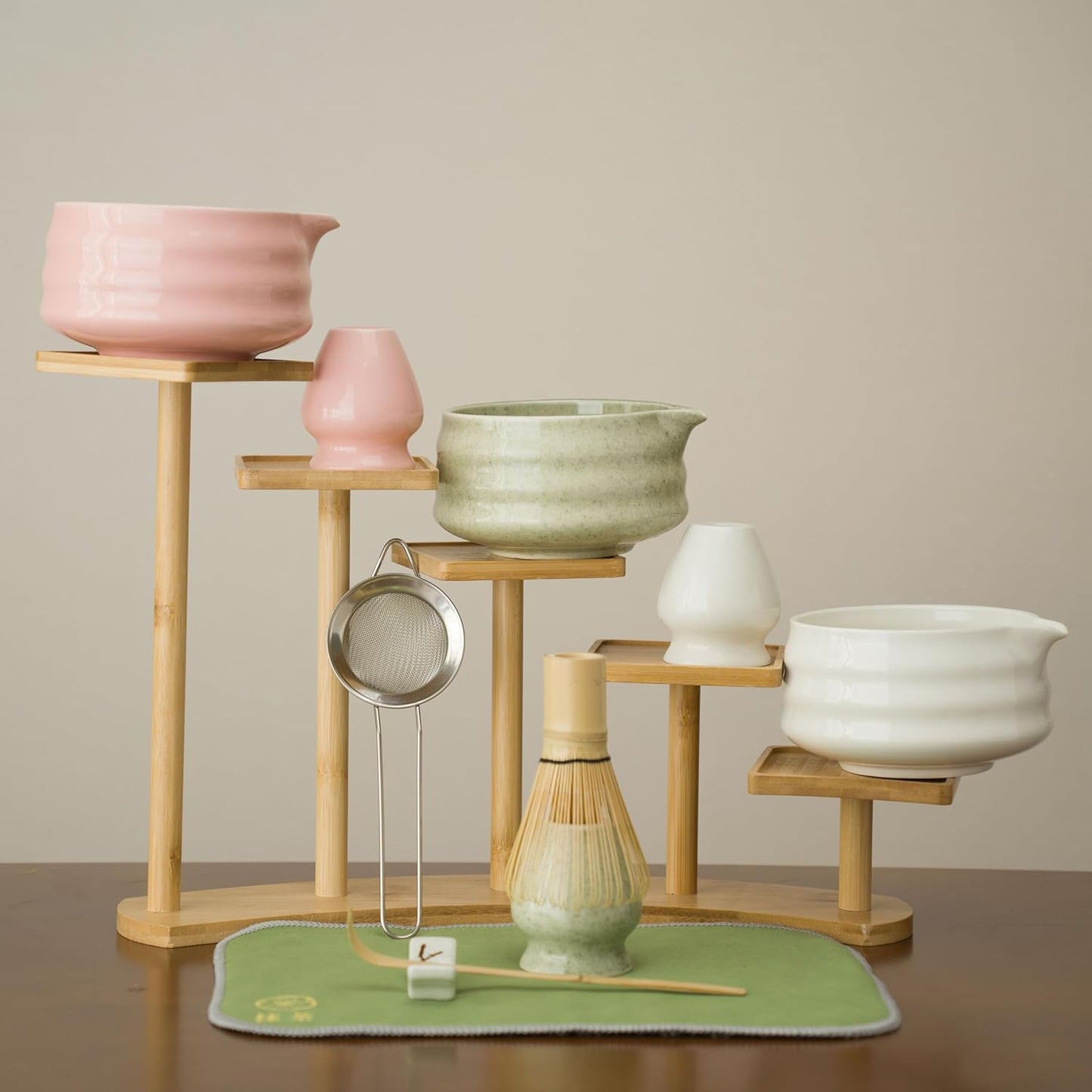 Matcha whisk Set,7 Pcs Matcha Making Kit with whisk Whisk, Ceramic Bowl, Sifter, Scoop, Holder, Stand, and Tea Towel for Ultimate Matcha Experience（Mottled Green）