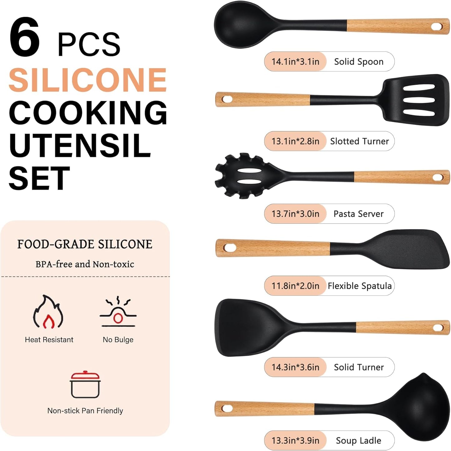 Silicone Cooking Utensils Set, Heat Resistance Large Kitchen Utensils Set with Long Wooden Handle, BPA-free Silicone Spatula, 6 Pcs Cooking Spoons for Non Stick Frying Pans and Pots（Black）