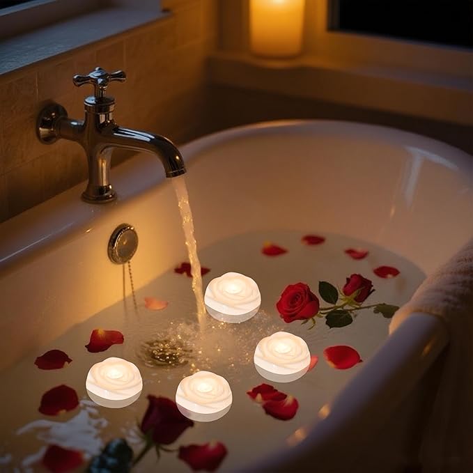 Aignis 24pcs Flameless LED Floating Candles, White Rose Plastic Tealight Battery Operated, 120+ Hours Glow Time, Cozy Light for Romantic Pool/Bathtub/Hot Bath/Wedding Centerpiece Decor(D2.83*H1.42)