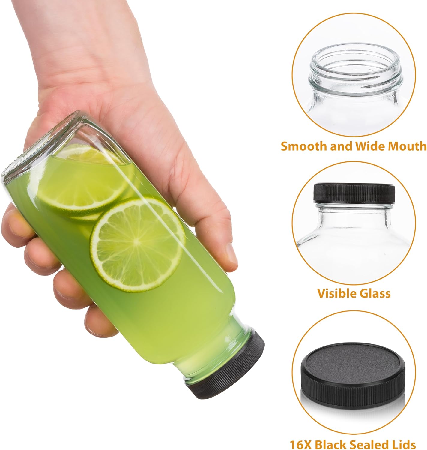 Juice Bottles with Lids, 16 Oz - Set of 3 - Clear Glass Jars with Caps - Reusable Empty Drink Containers for Juicing, Smoothies, Water, Milk, Kombucha Storage, Wellness Shots and More (3)