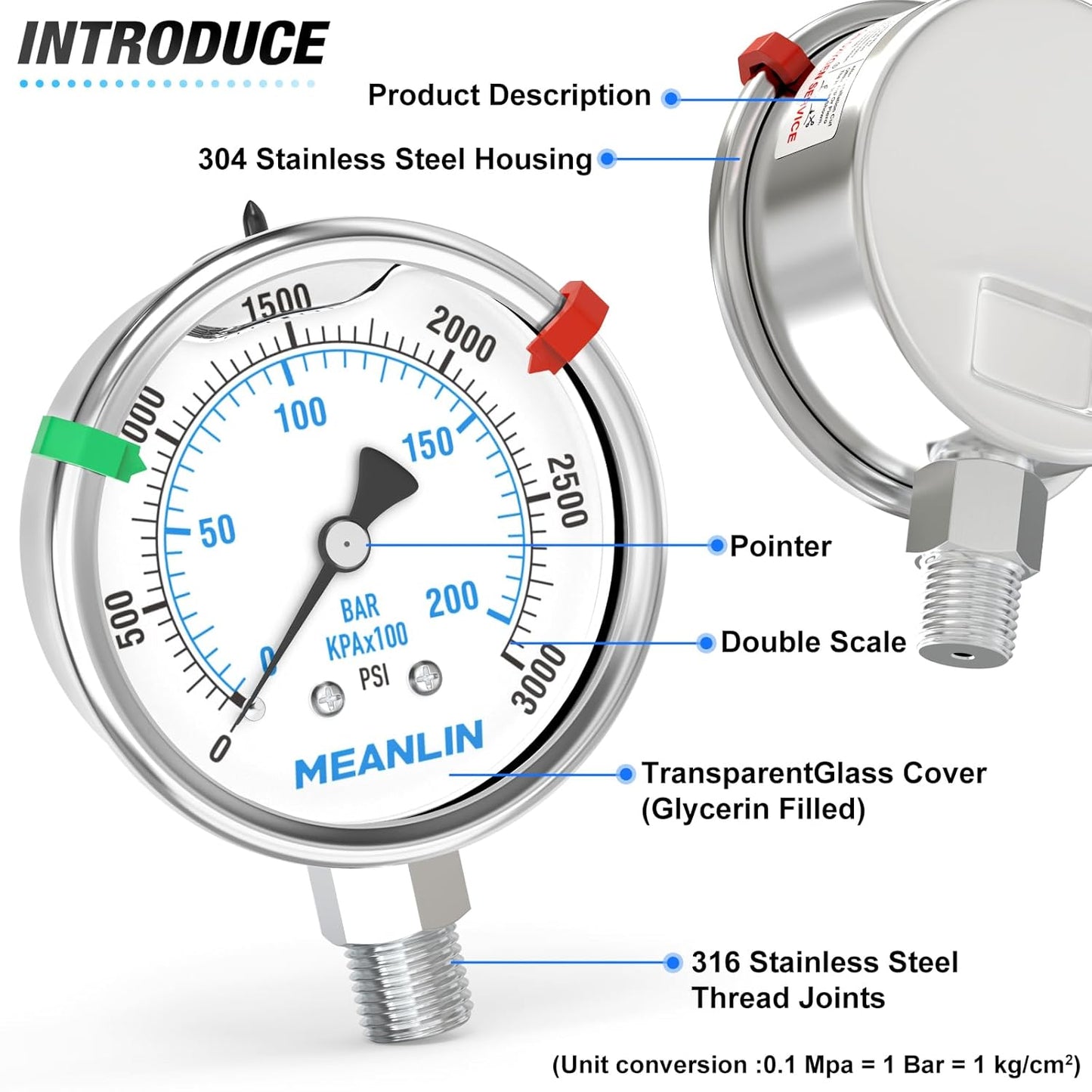 MEANLIN MEASURE 0~3000Psi Stainless Steel Liquid Filled Pressure Gauge 2.5" FACE DIAL 1/4" NPT for WOG Water Oil Air Lower Mount with Stainless Steel Hex Bushing and Snaps