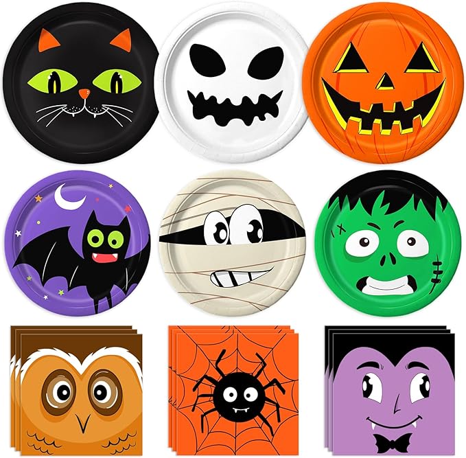 105PCS Halloween Paper Plates Ghosts Pumpkin Skull Spider Web Design for Halloween Party Decorations Supplies, Serves 30