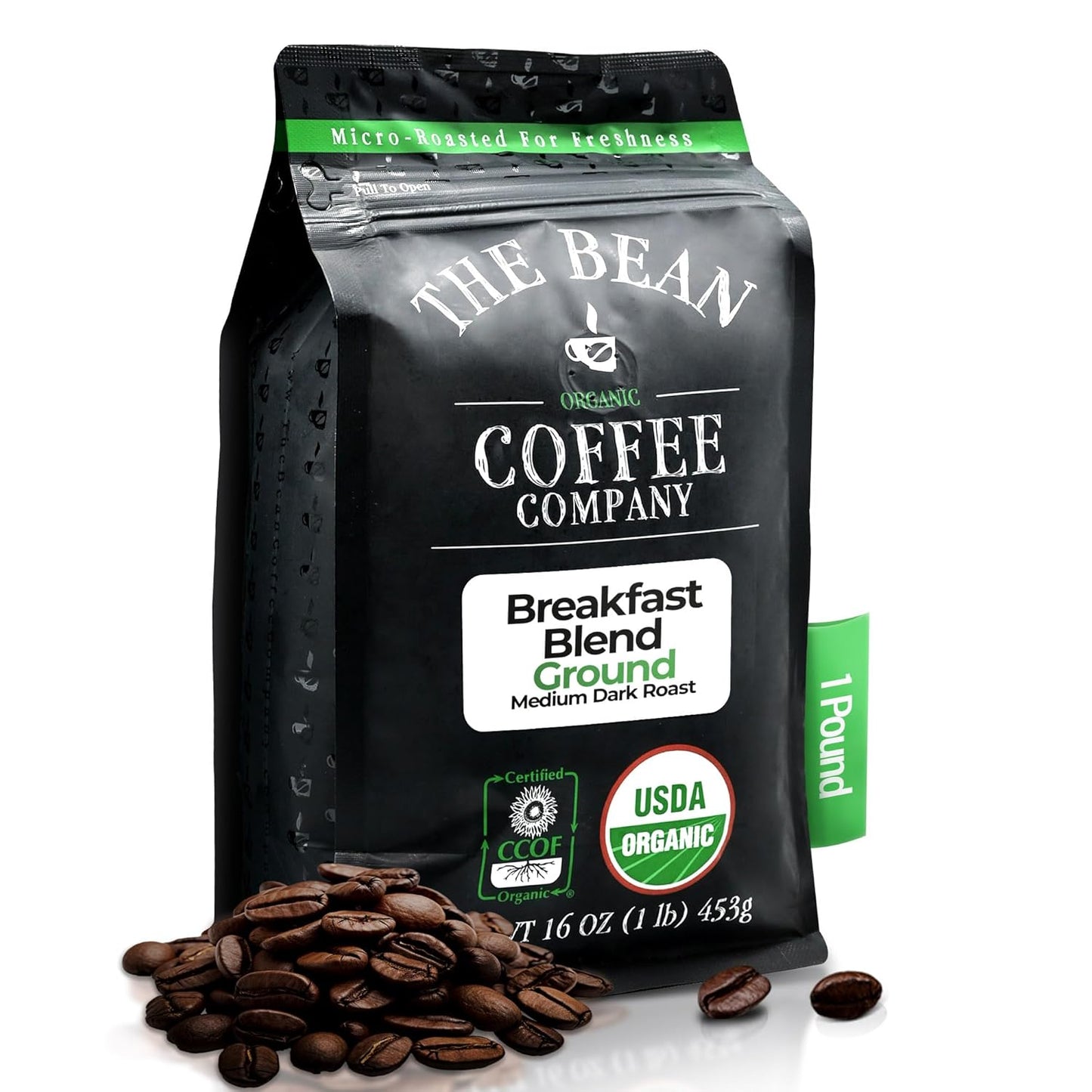 The Bean Organic Coffee Company Breakfast Blend, Medium Dark Roast, Whole Bean Coffee, 16-Ounce Bag