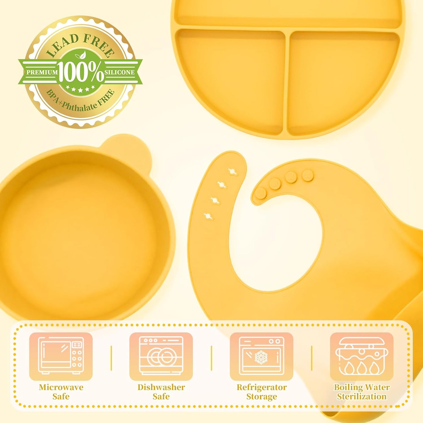Silicone Baby Feeding Set, 6 Pcs, Baby Led Weaning Supplies, BPA Free, Yellow