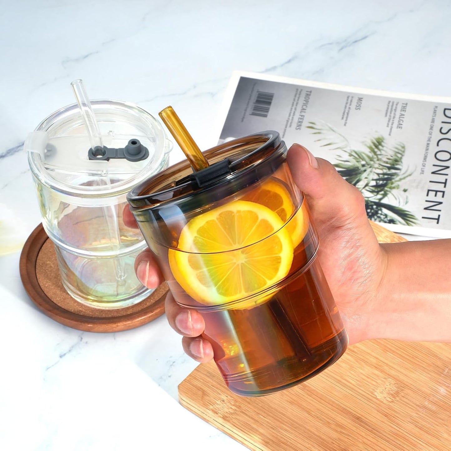 13 oz Glass Tumbler with Glass Straw and Lid, Leak-Proof Reusable Travel Cup for Iced Coffee, Tea, Matcha, Fruit Juice – Thick Wall Clear Water Bottle (Amber & Iridescent Shimmer, 2 Pack)