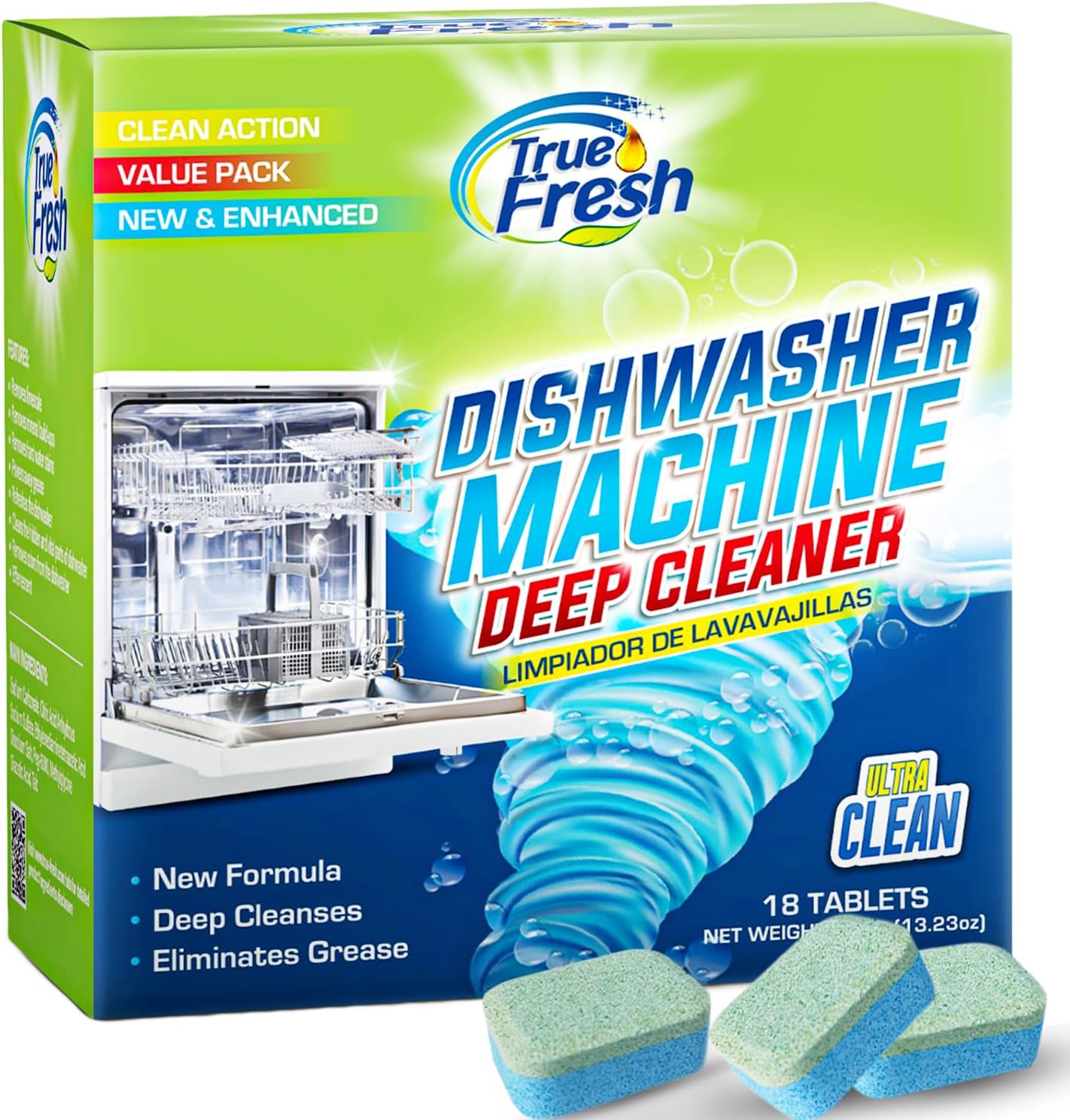 True Fresh Dishwasher Cleaner & Deodorizer Tablets 18-Pack, 20g Each - Powerful Limescale & Odor Removal - Deep Clean for Sparkling Dishwashers - Safe, Effective, and Compatible with All Models