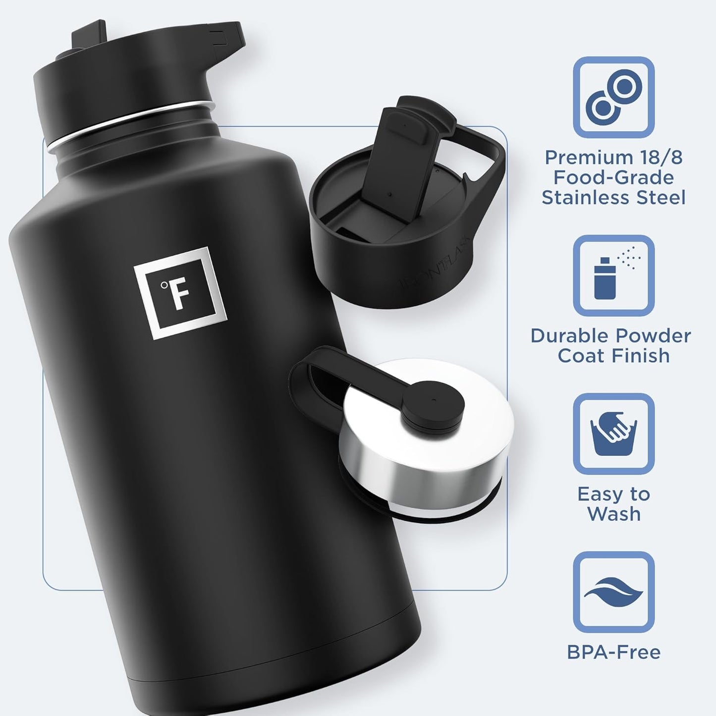 IRON °FLASK Camping & Hiking Hydration Flask with 3 Lids - Stainless Steel, Double Walled & Vacuum Insulated Water Bottle - Leak Proof & BPA Free (Dark Night, Straw - 64 oz)