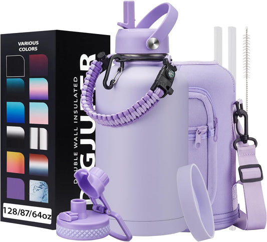 Half Gallon Water Bottle Insulated - 64 oz Water Bottle with Carrying Sleeve, Paracord Handle, Straw Spout Lid, Leak-proof Metal Hydro Water Jug for Workout Sport Hiking Gym, Purple Big Flask Thermo