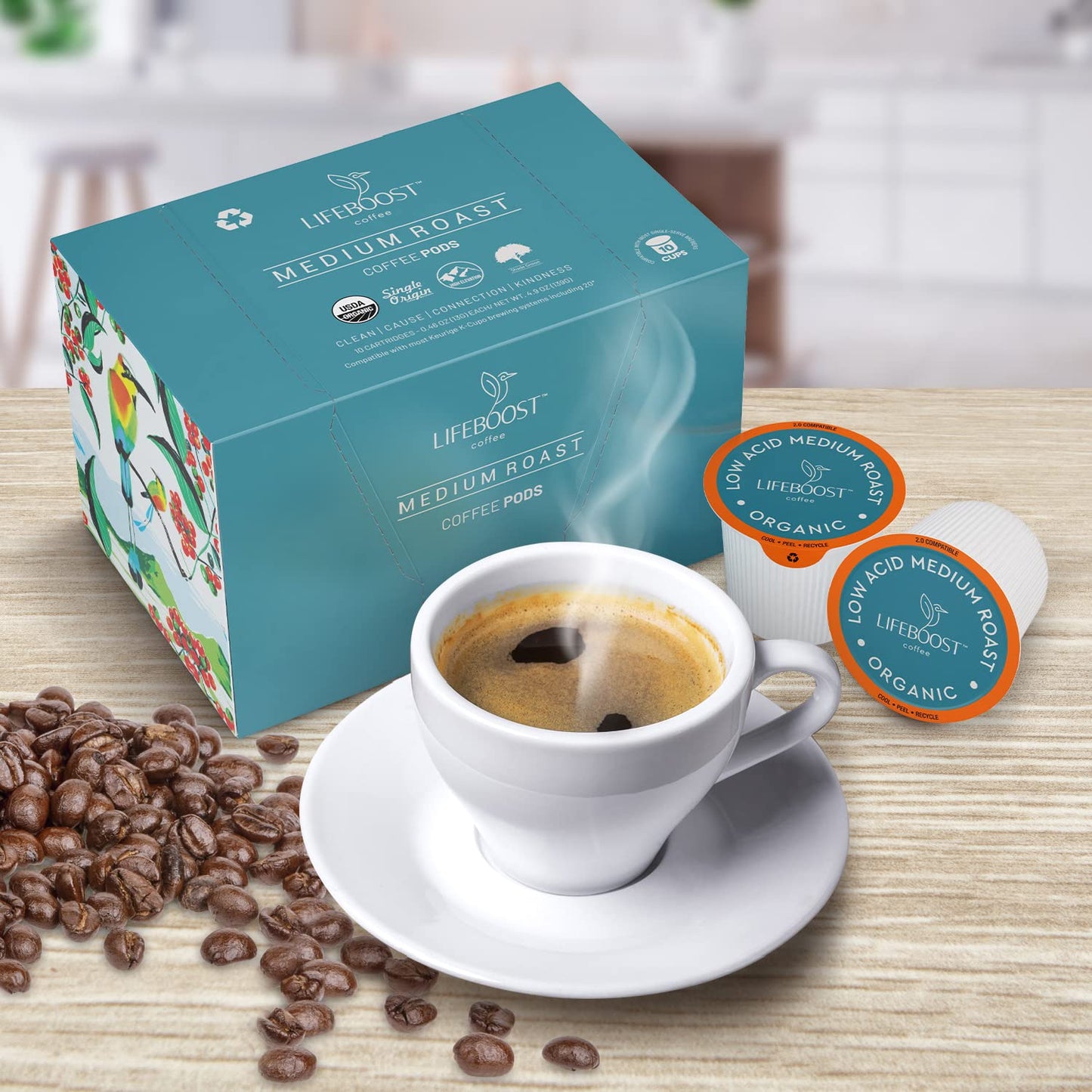 Lifeboost Medium Roast Low Acid Coffee K Cups - Single Origin Mold Free Non-GMO Organic Coffee Pods - Compatible with Keurig & Keurig 2 Machines - 10 Count