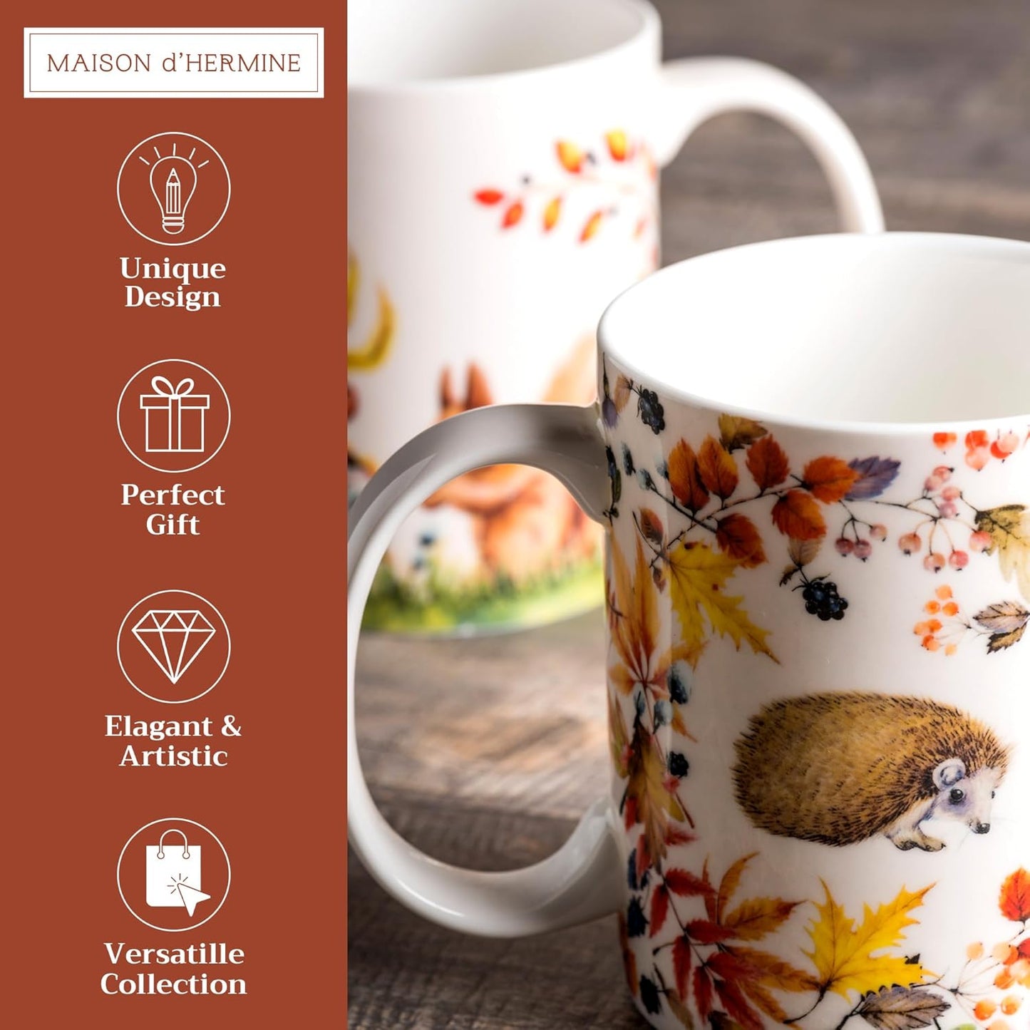 Maison d' Hermine Coffee Mug with Handles Fine Bone China Mugs Pack of Two Tea Cups for Hot Beverages Cappuccino Latte Home Restaurant Office Perfect for Gift (Sous-Bois, 12 Ounce)