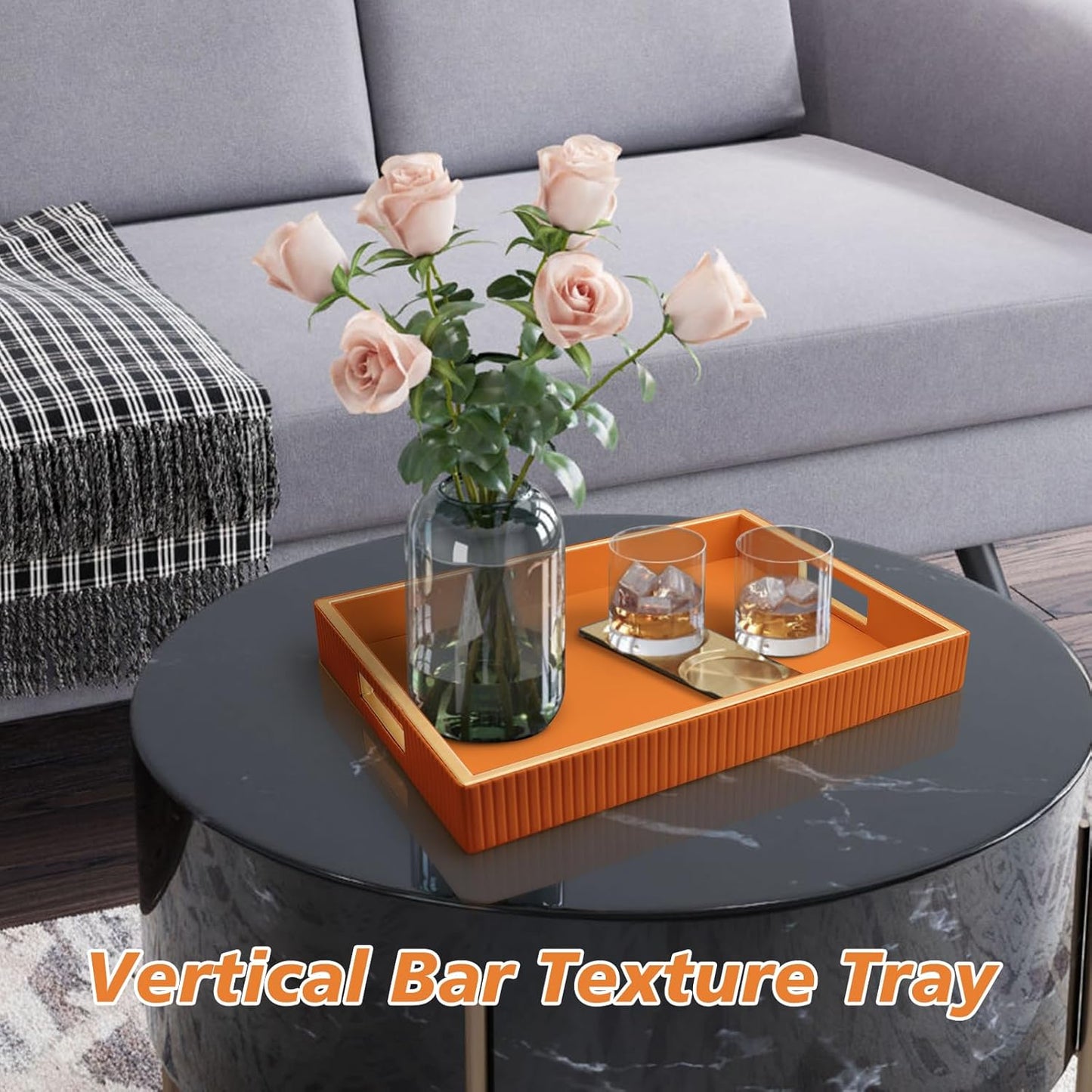 SANZIE Leather Tray Desktop Storage Organizer Premium Serving Tray Decorative Tray Valet Tray for Sundries Cosmetics Phone Wallet Cutlery, Rectangular, Orange