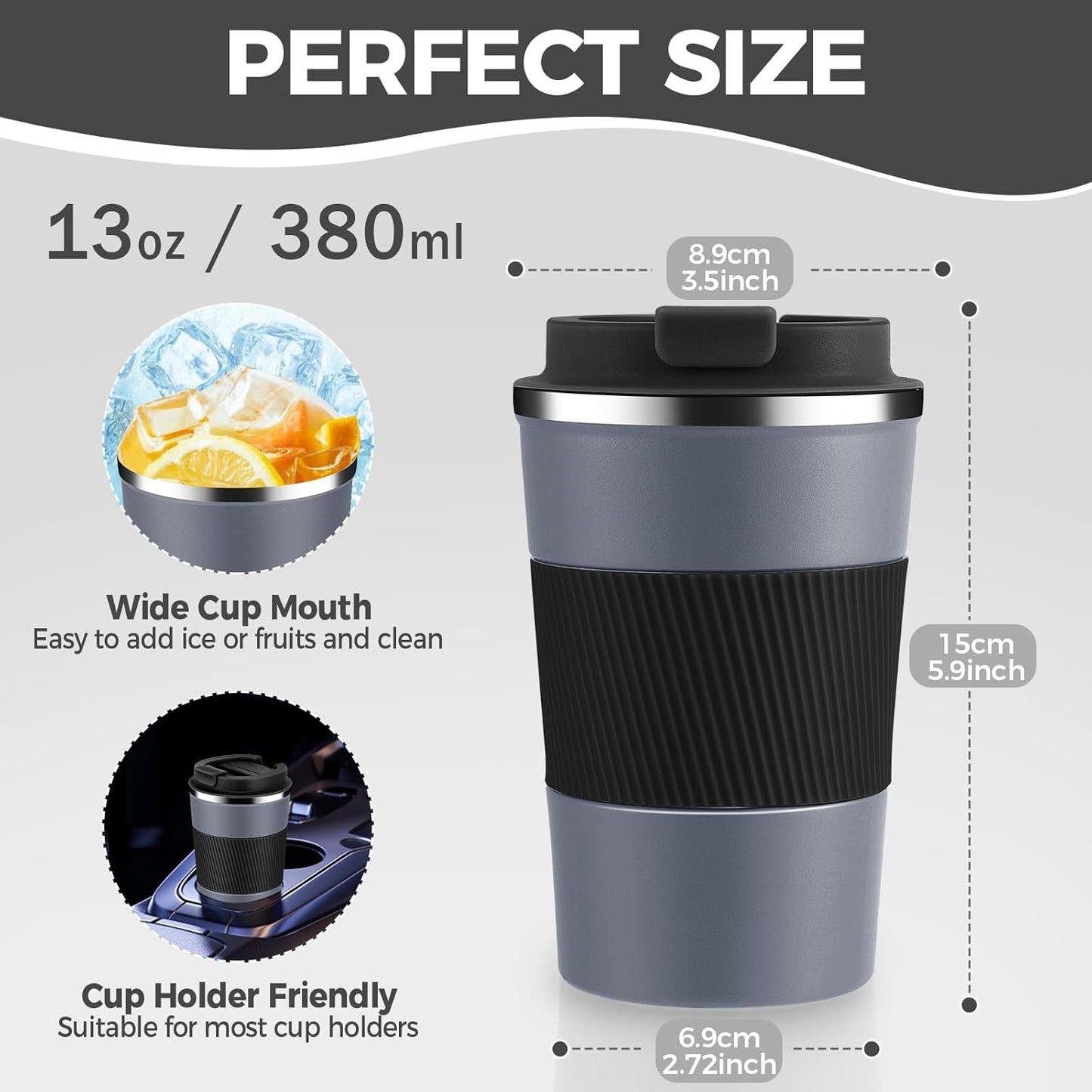 Volhoply 13 oz Stainless Steel Insulated Travel Coffee Mug with Fip Lid Bulk 4 Pack,Reusable Double Wall Vacuum Metal Coffee Cup,Portable Leak Proof Thermal Tumbler for Hot & Cold Drinks(Gray,4)