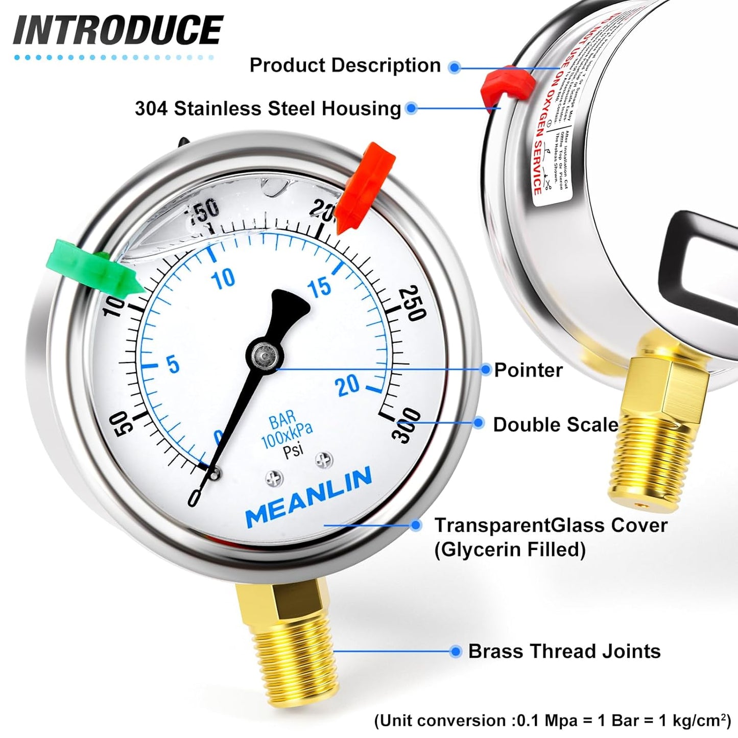 MEANLIN MEASURE 0~300Psi Liquid Filled Pressure Gauge 1/4" NPT 2.5" FACE DIAL Stainless Steel Glycerin Filled WOG Water Oil Air Lower Mount (with 2PCS Snaps)