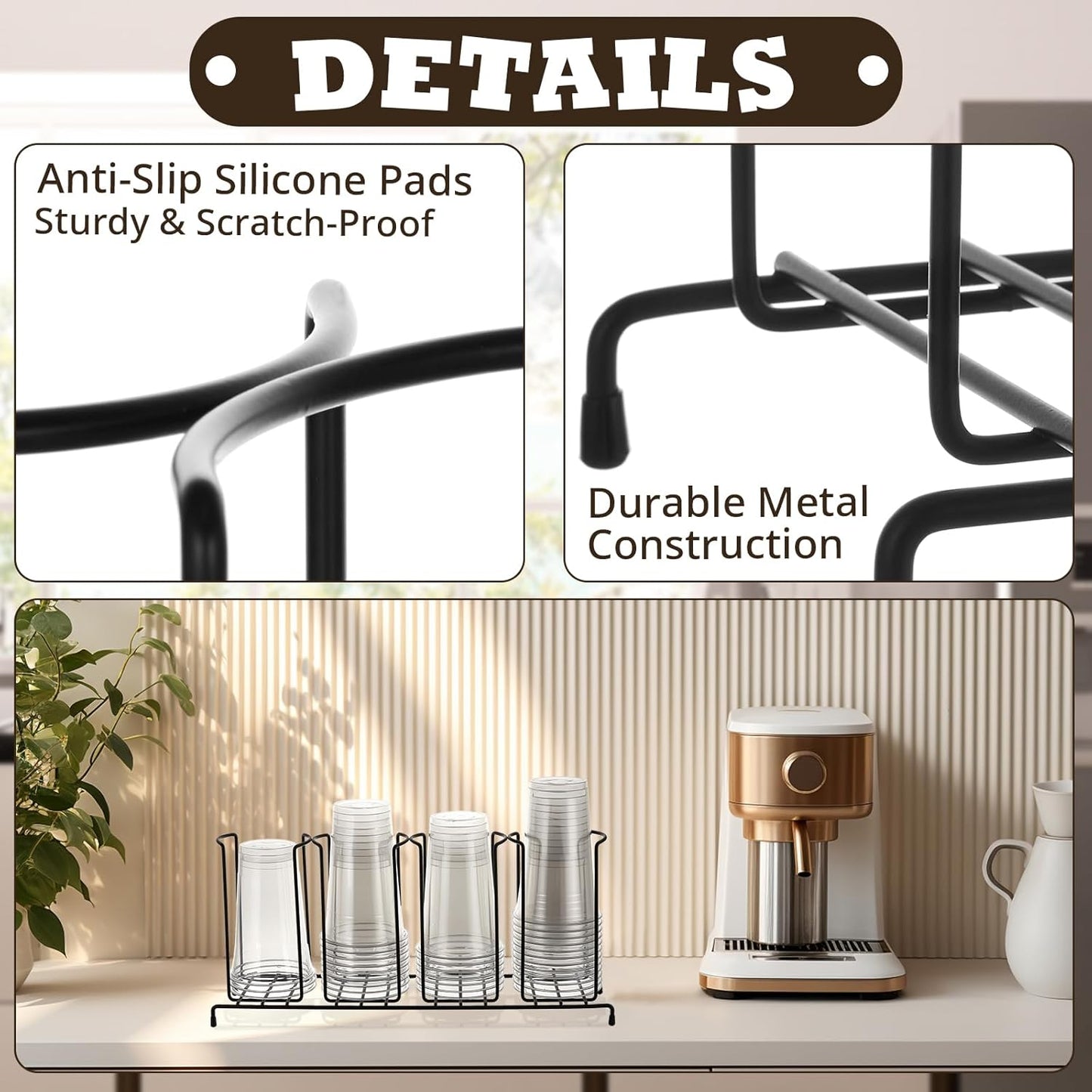 Maxdot 2 Pcs Coffee Cup Organizers 23 x 5 x 8.5 Inch Wire Rack Coffee Cup and Lid Holder Black Iron Lid Dispenser Countertops Organizer for Kitchen Storage Essentials (4 Section)