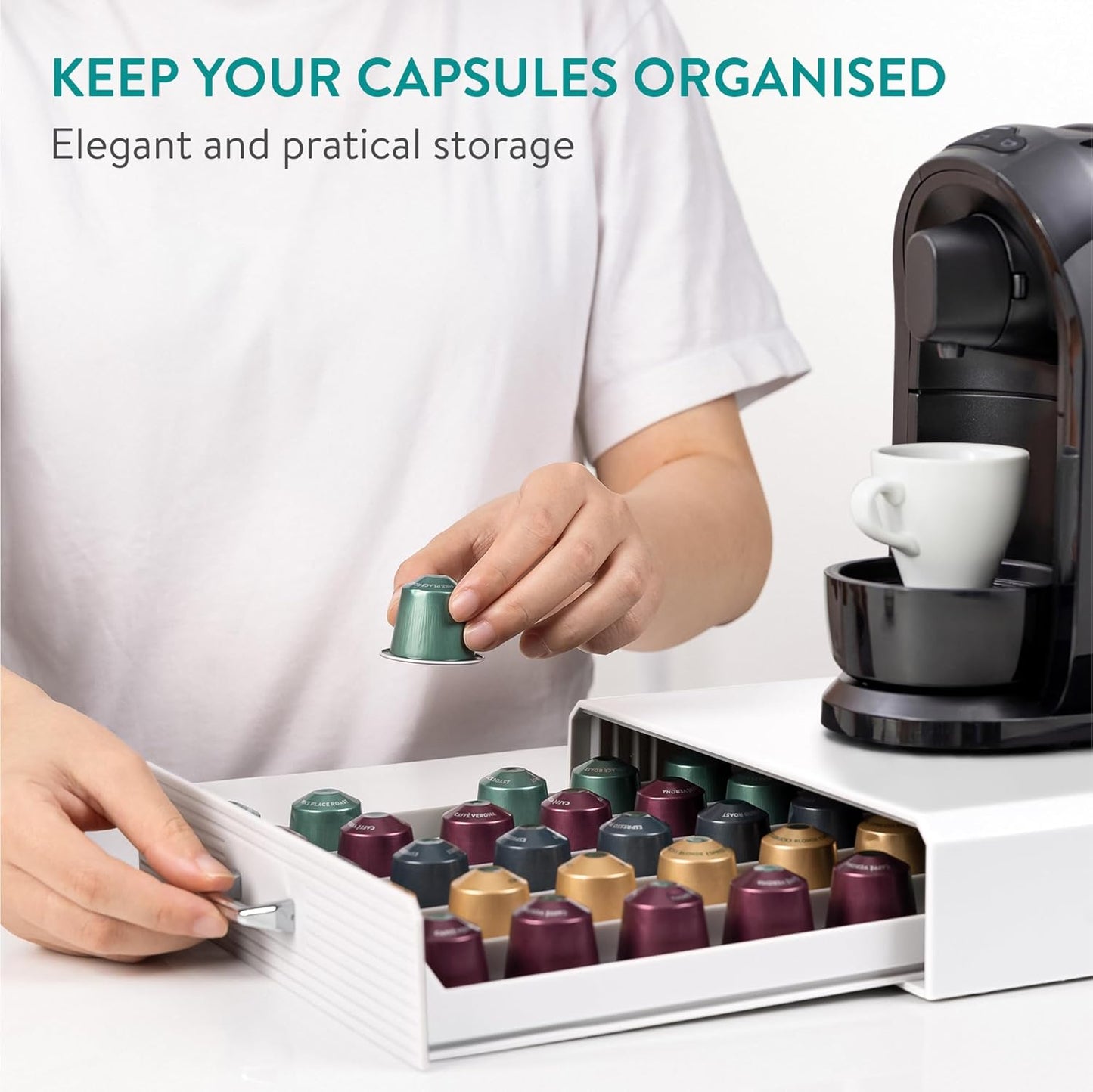 Navaris Coffee Pod Holder Drawer - 50 Capsule Storage Organizer Tray Counter Container - Fits Standard Sizes of Pods and Capsules - 1 Drawer Design - White