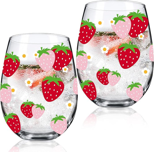 Sliner 2 Pack 17oz Strawberry Stemless Wine Glasses for Women Strawberry Cups Colorful Conversation Drinking Glass for Mother's Day Gift Birthday Party Supplies Graduation Gifts Theme Events