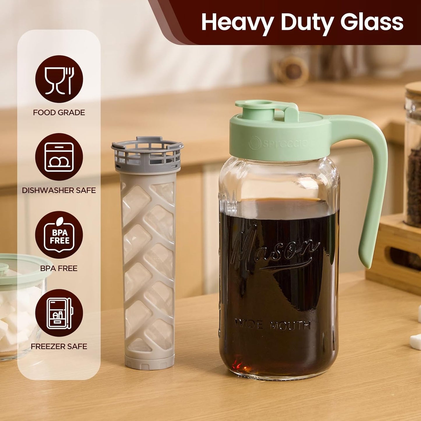 Cold Brew Coffee Maker Glass, Airtight & Leakproof Mason Jar Pitcher with Cold Brew Filter, 64 oz Glass Pitcher with Lid for Iced Coffee, Lemonade, Ice Tea