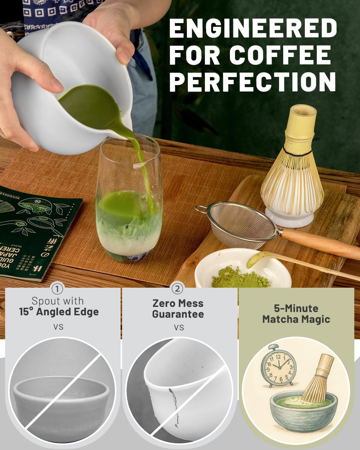 Nucookery Matcha Set - 5PCS Matcha Whisk Set, 18OZ Matcha Bowl (Chawan) with Spout, Matcha Whisk (Chasen) and Holder, Bamboo Matcha Scoop and Sifter, Matcha Kit/Tools/Accessories for Tea Ceremony