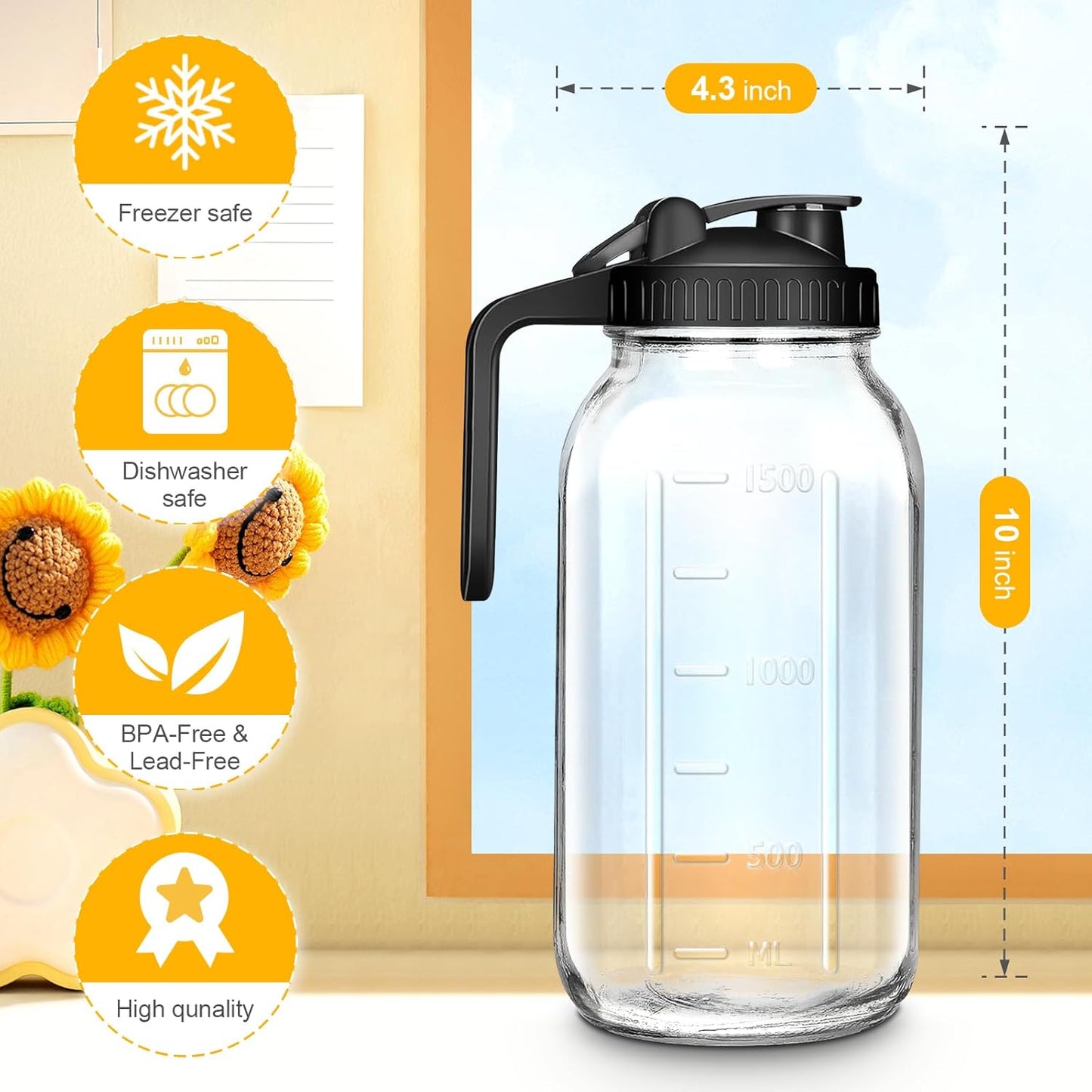 Mason Jar Pitcher, 64 OZ 2 Pack Glass Pitcher with Lid Double Leak-proof with Handle Water Jug Wide Mouth Breast Milk Pitcher Fridge Container for Water, Juice, Iced Coffee, Tea, Juice - Black+Grey