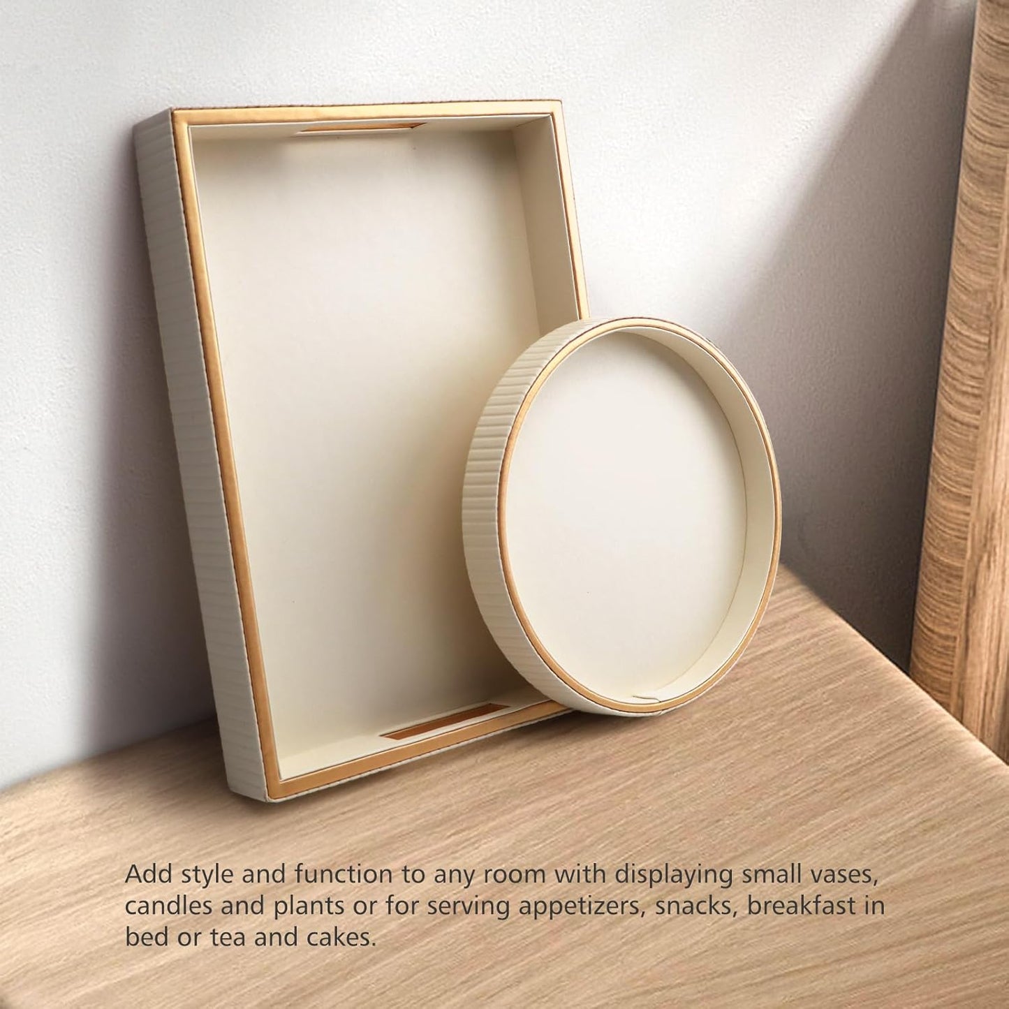 SANZIE Leather Tray Desktop Storage Organizer Premium Serving Tray Decorative Tray Valet Tray for Sundries Cosmetics Phone Wallet Cutlery, Circle + Rectangular, White