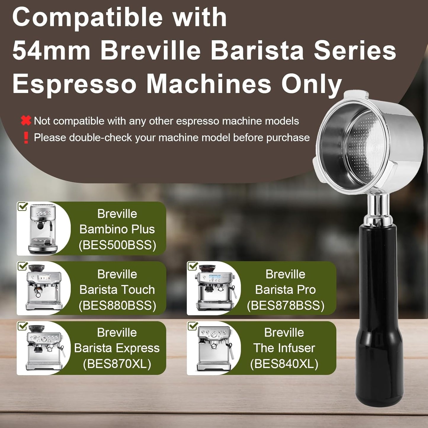 54mm Bottomless Portafilter - 3 Ears with Stainless Steel Filter Basket, Fits Breville Barista Express, Pro, Touch, Bambino Plus, Infuser (880BSS, 870XL, 878BSS, 500BSS, 840XL), Black