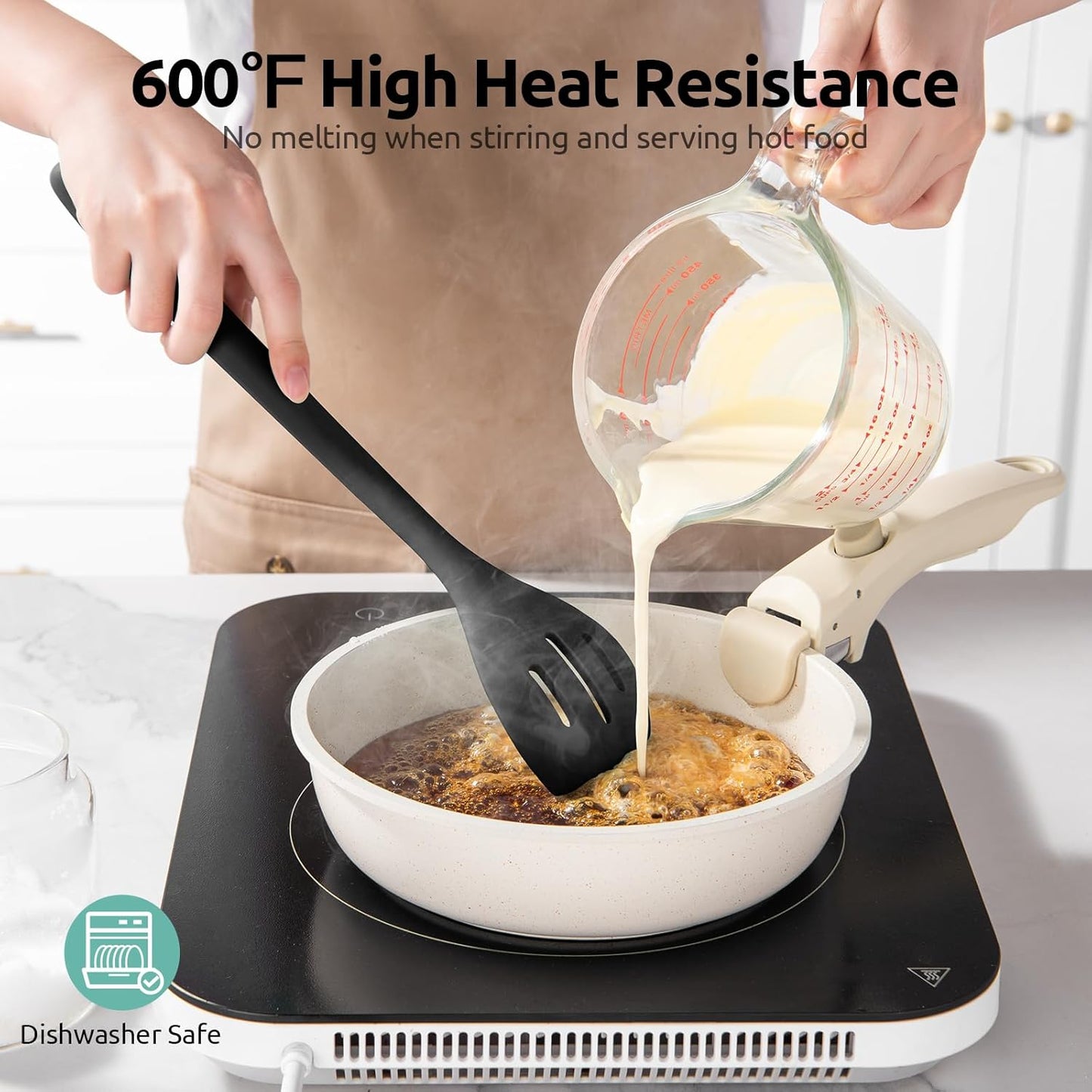 600ºF Heat Resistant Silicone Spoons: U-Taste 13.3in Solid & Slotted Kitchen Cooking Spoon, Nonstick Long Rubber Utensil, Sturdy for Mixing, Serving, Stirring, Frying, Draining (Black, 2PCS)