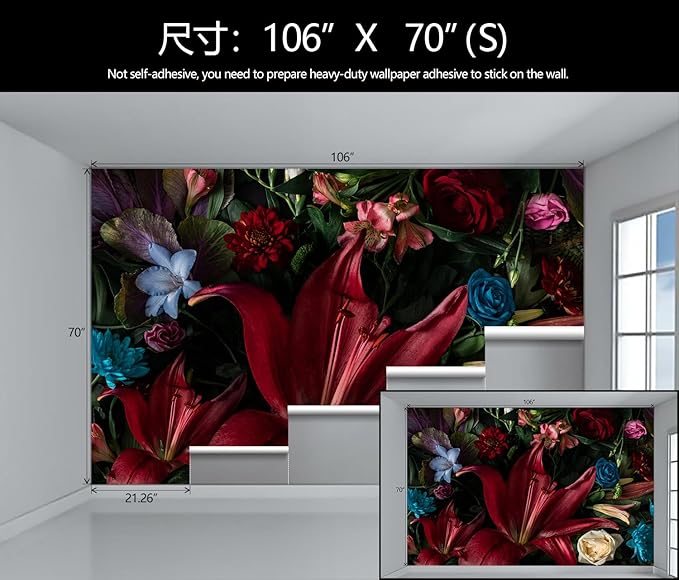 Large Dark Floral Wallpaper Colorful Spring Flowers Background Wall Mural (Not Peel and Stick)
