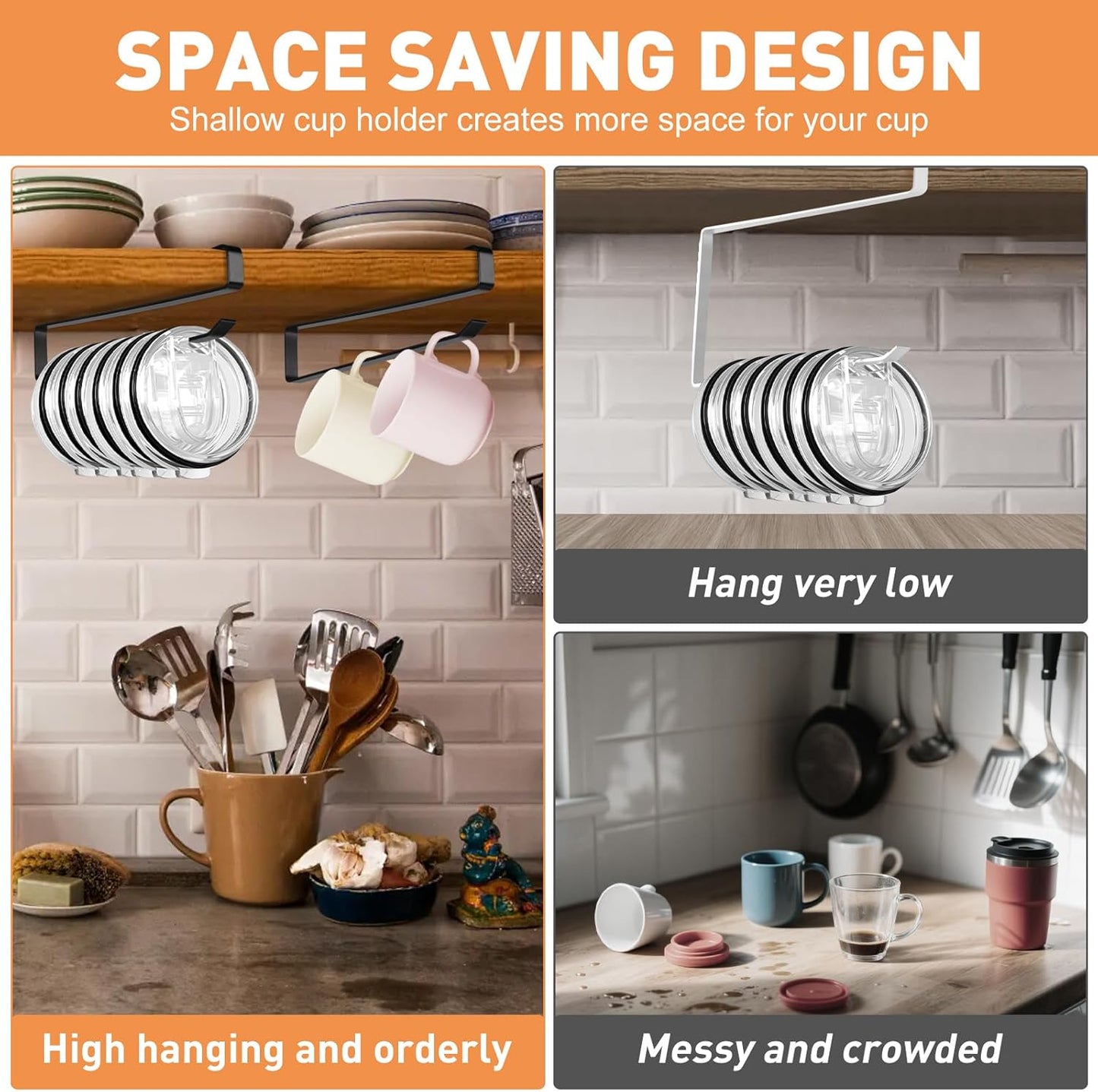 Tumbler Lid Organizer, 2 Pack Coffee Mug Holder for Yeti Tumbler Lid, Space Saving Mug Hanger Rack Holds Up to 12 Lids, Cup Holder Under Cabinet, Water Bottle Lid Holders for Kitchen Storage