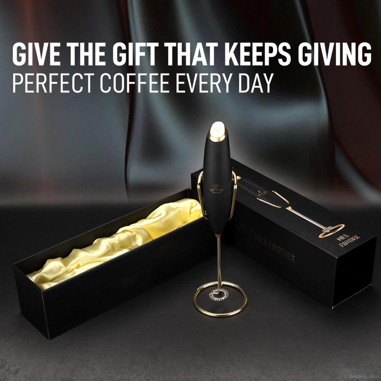 Zulay Kitchen Executive Series Luxury Gift Milk Frother with 4 Duracell Batteries – Handheld Electric Foam Maker for Coffee, Lattes & Hot Chocolate – Deluxe Finish, Ultimate Gift for Coffee Lovers